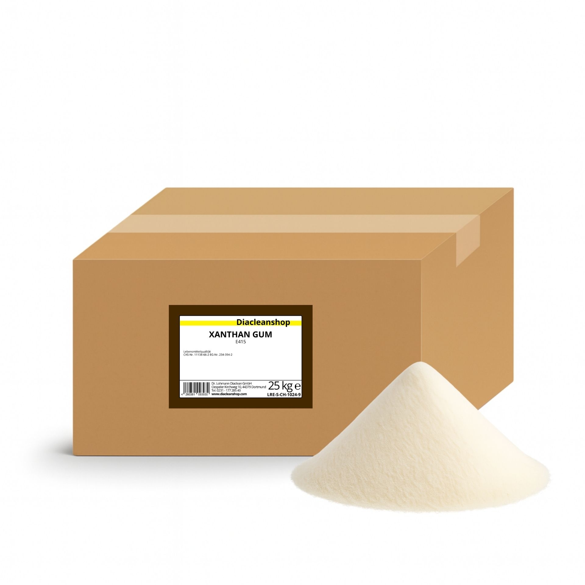Brauner Karton mit Etikett „Xanthan Gum 25 kg“ vom Diacleanshop_ daneben ein beiger Pulverhaufen auf weissem Hintergrund