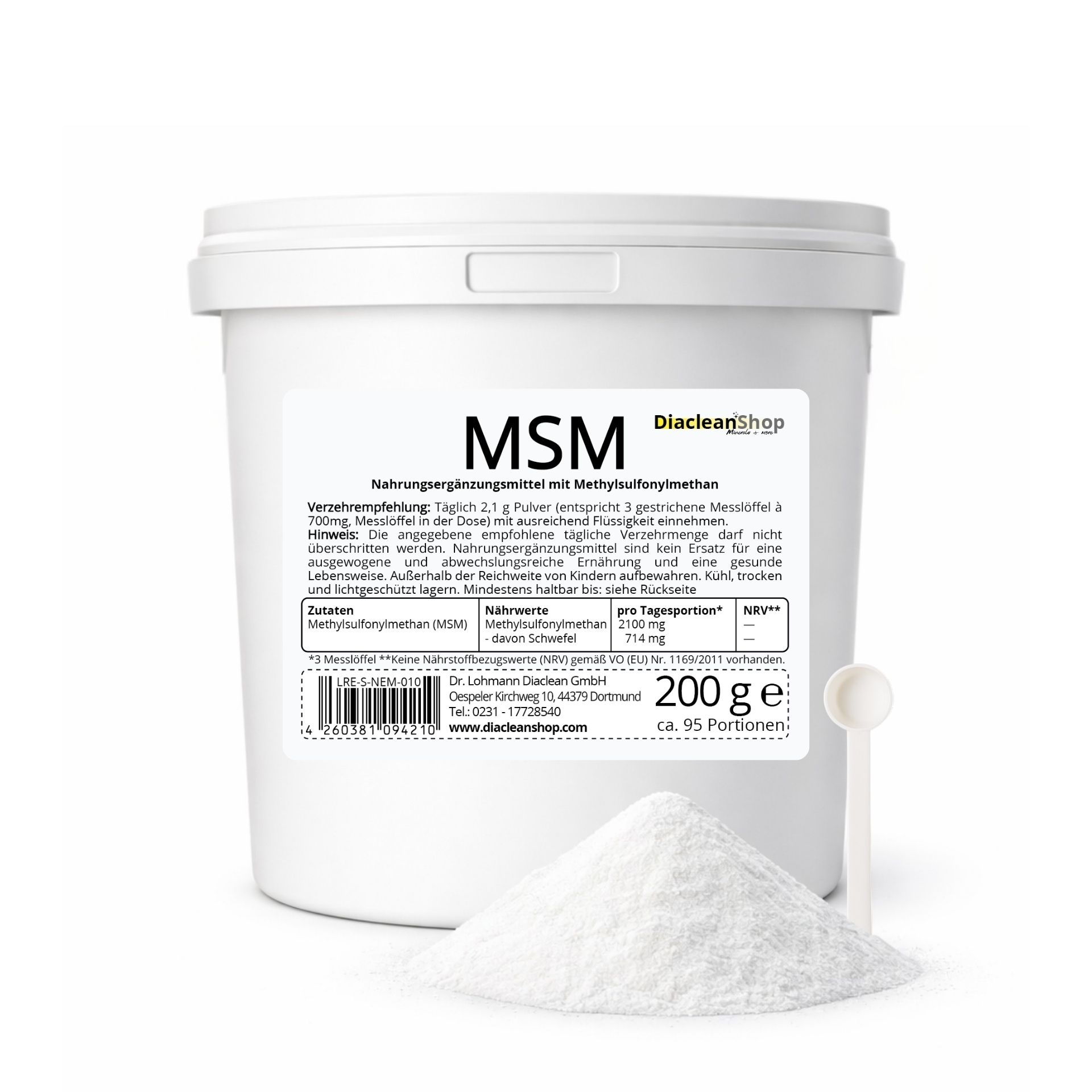 MSM Pulver 200 g im weissen Eimer mit Messloeffel und feinem Pulver vor weissem Hintergrund