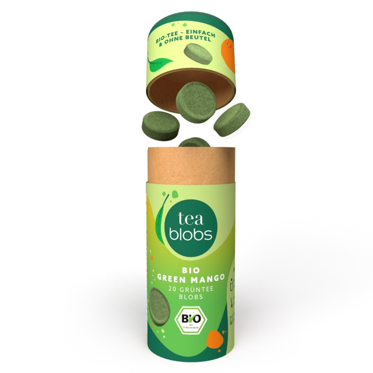 Teablobs Bio Green Mango Gruentee-Tabletten fallen aus geoeffneter Dose