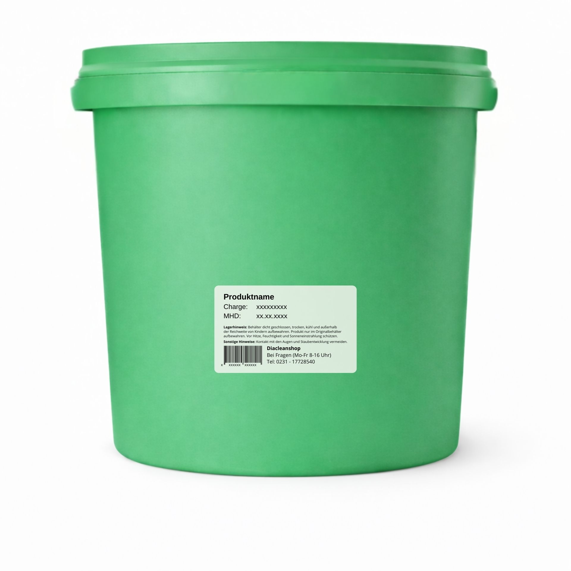 Rueckseite des gruenen Eimers mit Etikett und Chargenangaben