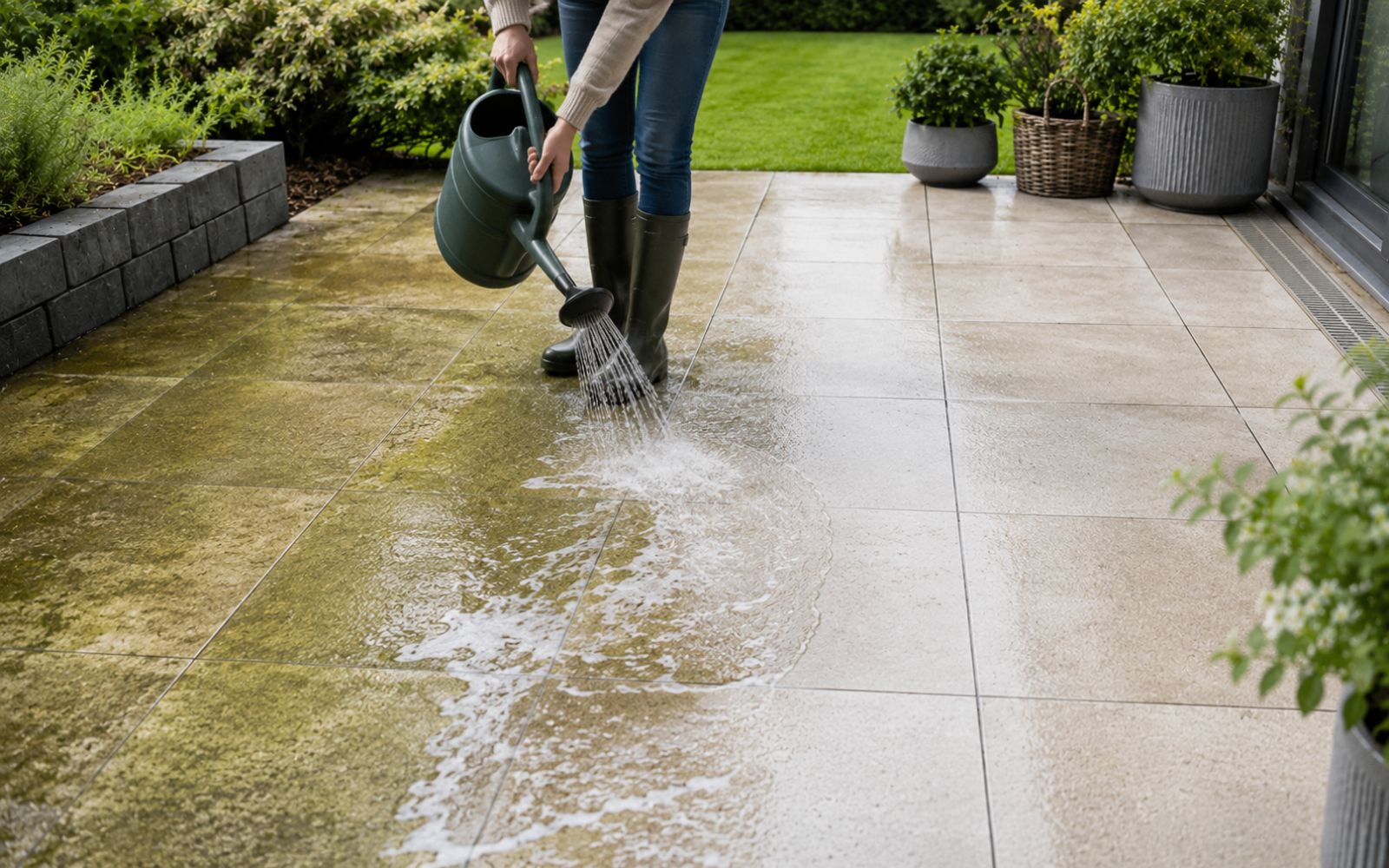 Waschsoda Lösung auf Terrassenplatten auftragen