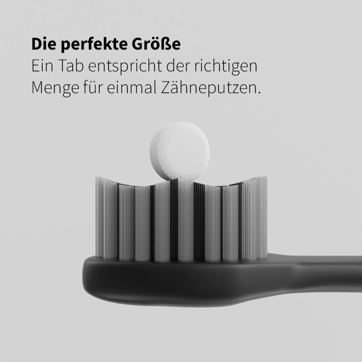 Weisse Zahnputztablette auf schwarzer Zahnbuerste mit Text zur richtigen Portionsgroesse