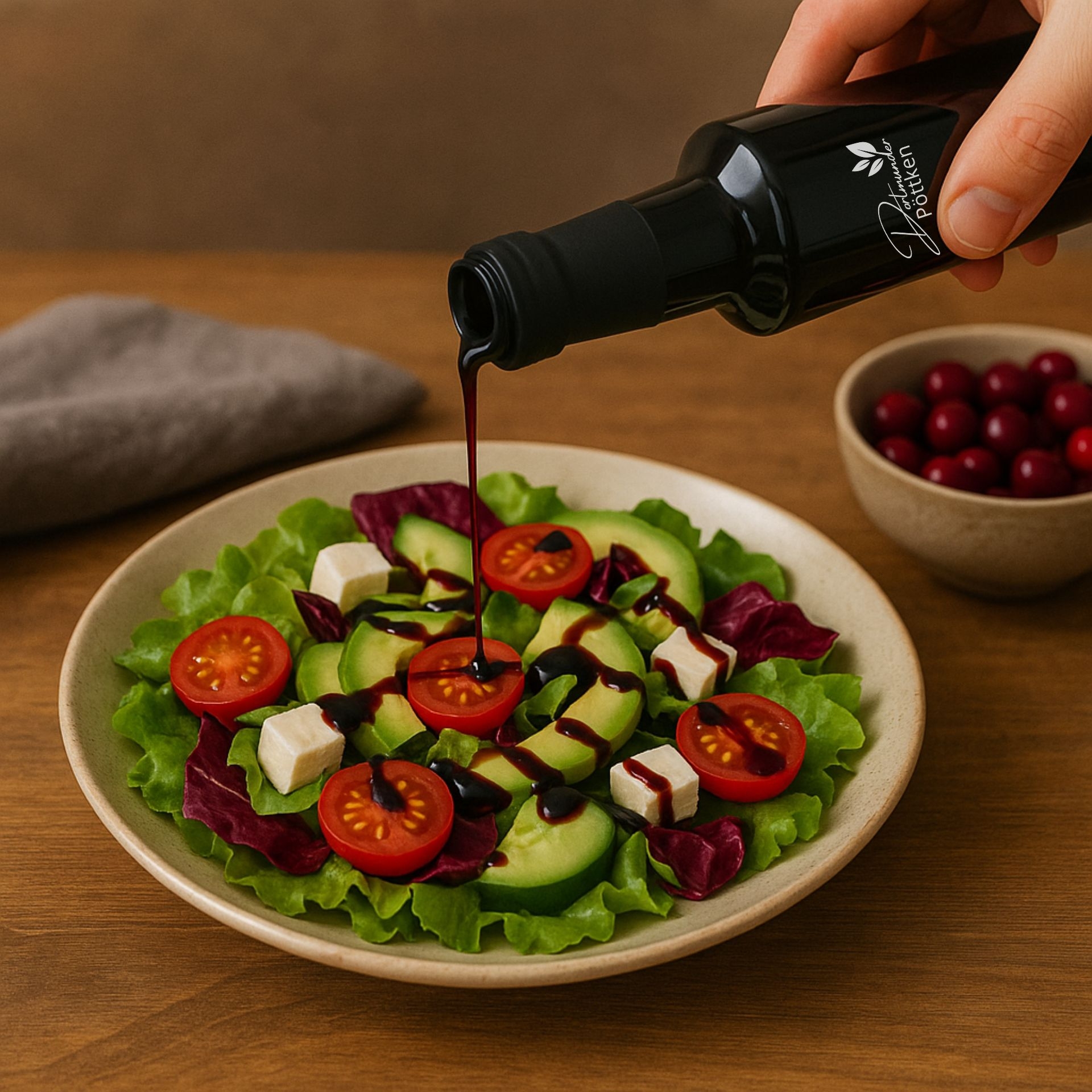Cranberry Crema wird ueber frischen Salat mit Gurke_ Tomaten und Feta getraeufelt_ im Hintergrund eine Schale Cranberries