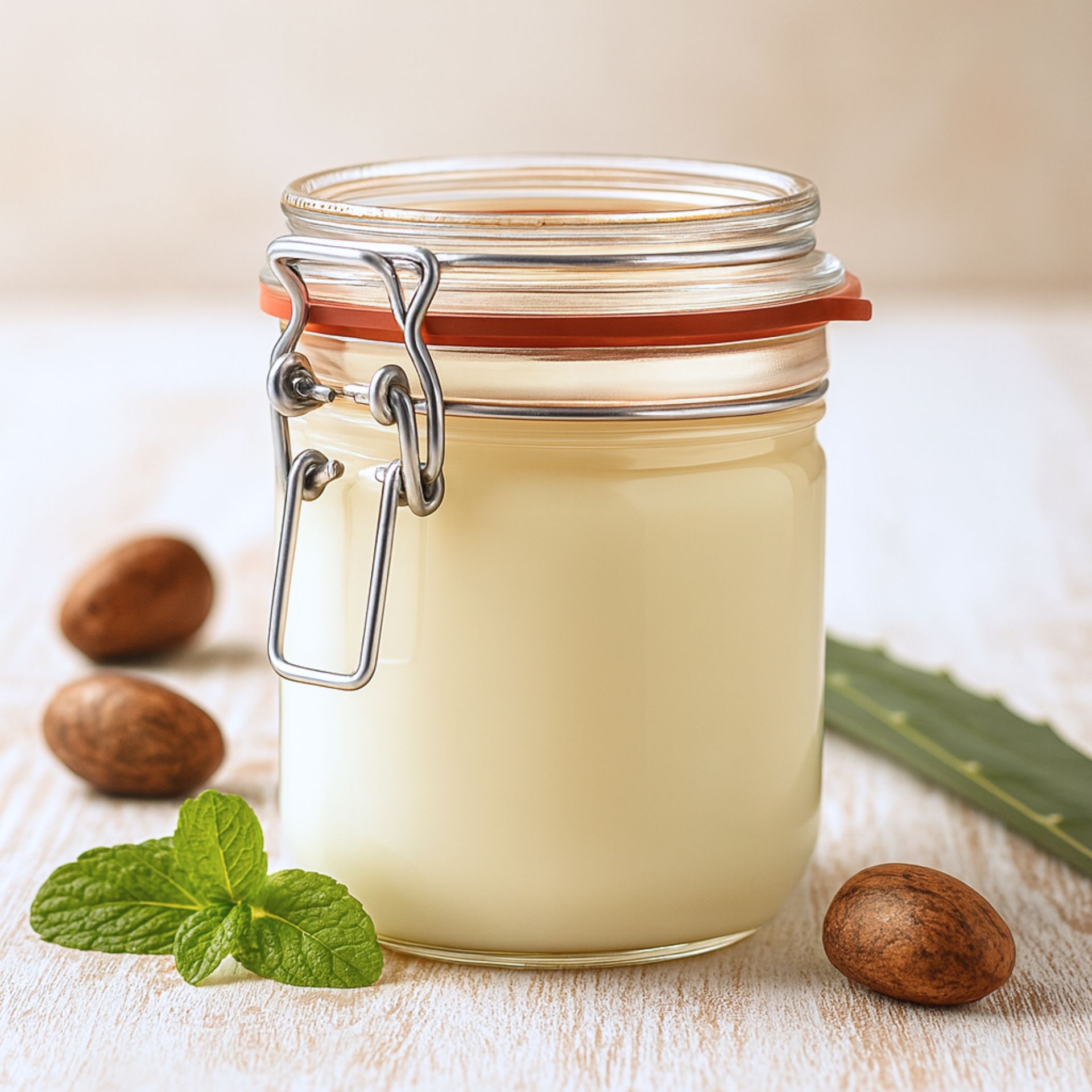 Glas mit 350ml reiner Bio Sheabutter dekoriert mit Nuessen und Minze