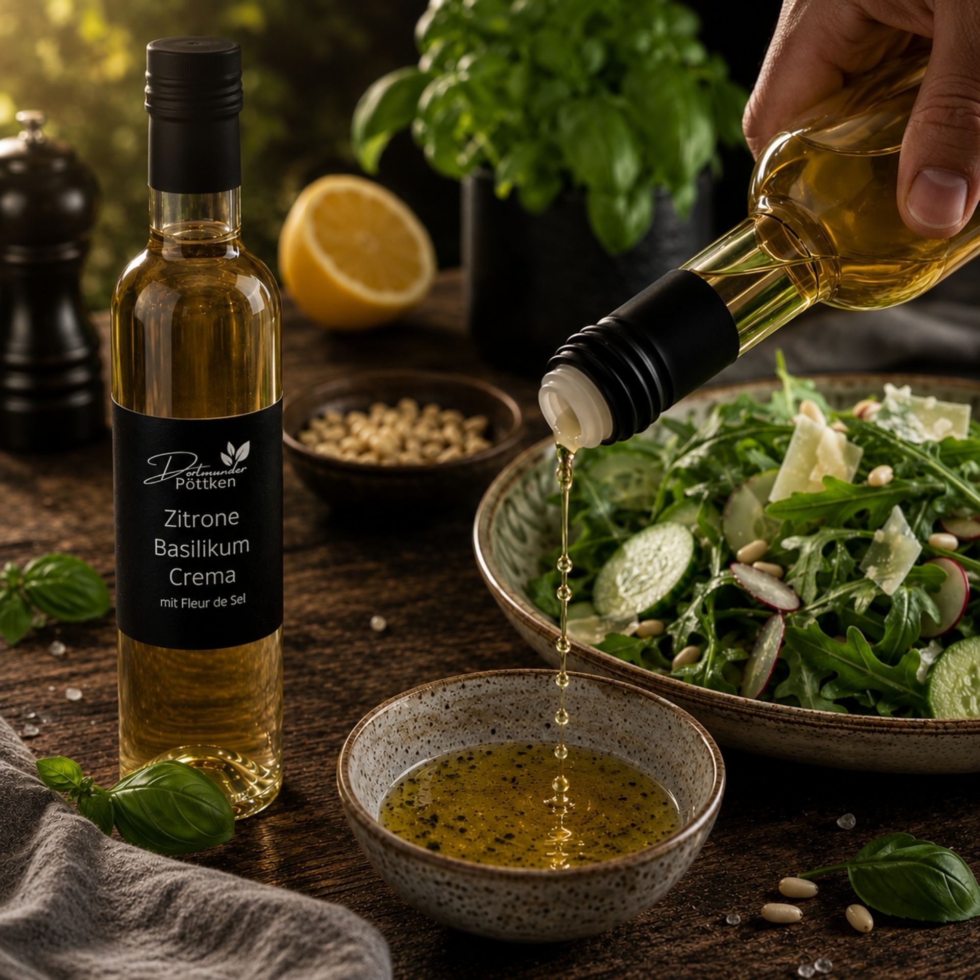 Zitrone-Basilikum Crema als Dressing zu frischem Salat mit Rucola_ Gurke und Parmesan