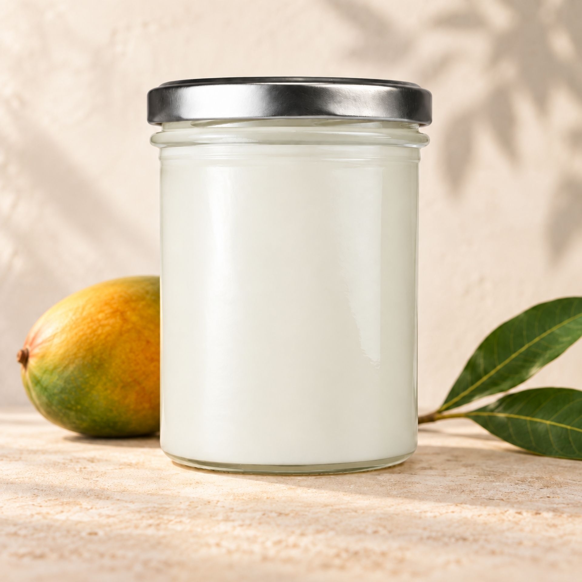 Bio Mangobutter 350 ml im Glas mit Metalldeckel_ Mango und gruenen Blaettern