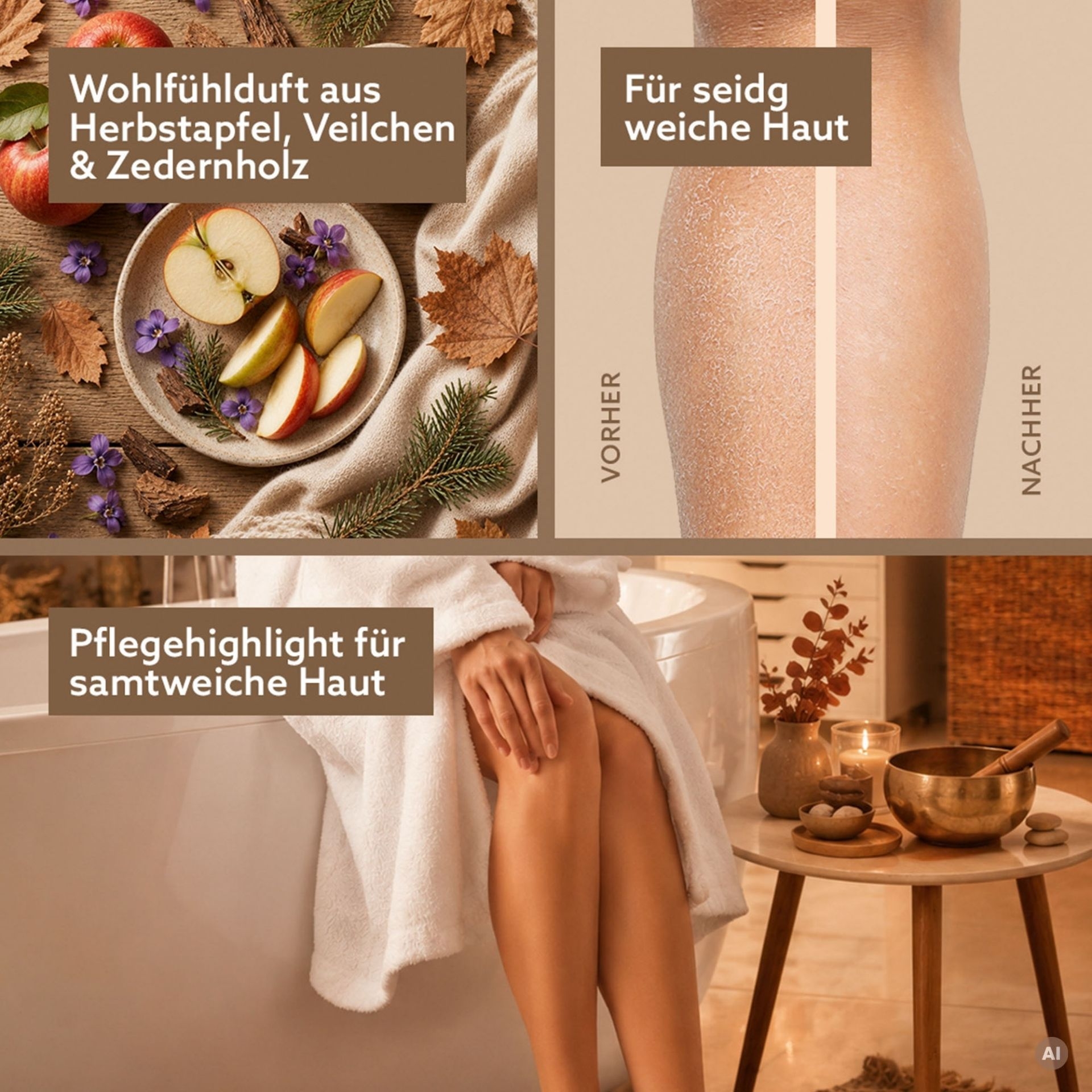 3in1 Dusch-Fluff Einklang mit Herbstapfel_ Veilchen und Zedernholz sowie Vorher-Nachher-Darstellung
