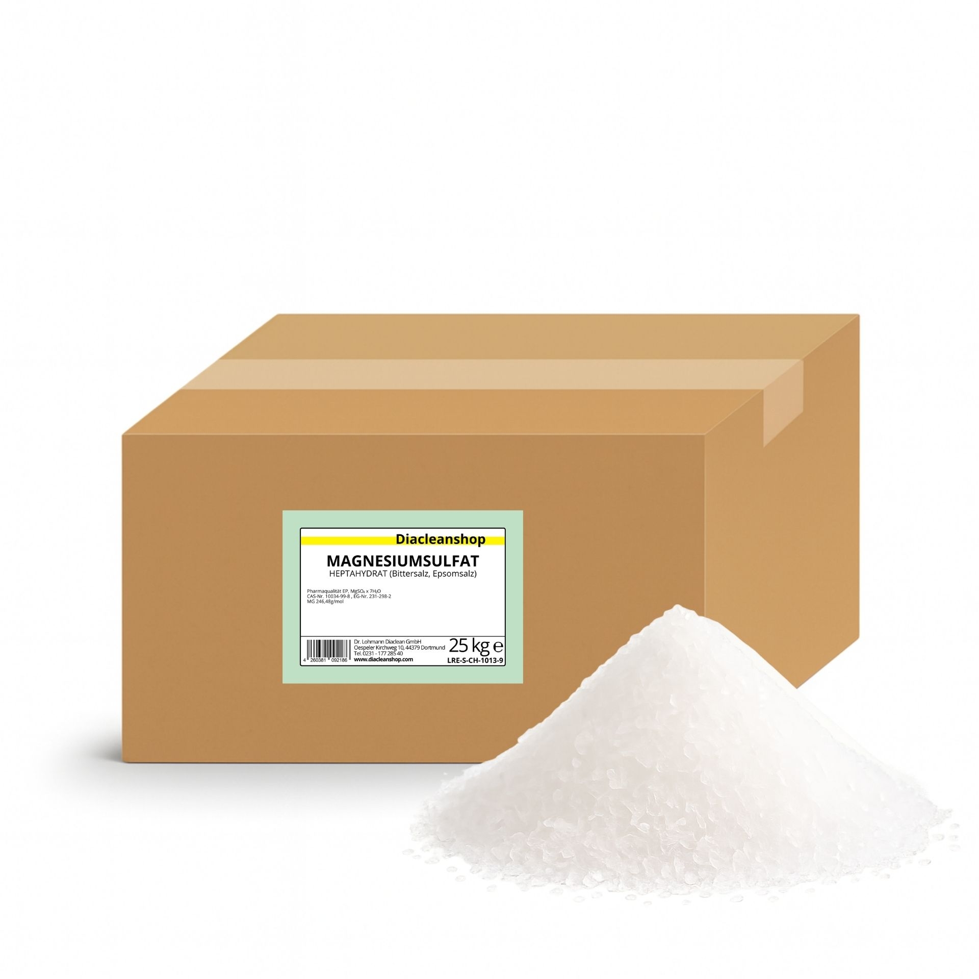 Brauner Karton mit Etikett „Magnesiumsulfat 25 kg“ vom Diacleanshop_ daneben ein weisser kristalliner Haufen auf weissem Hintergrund