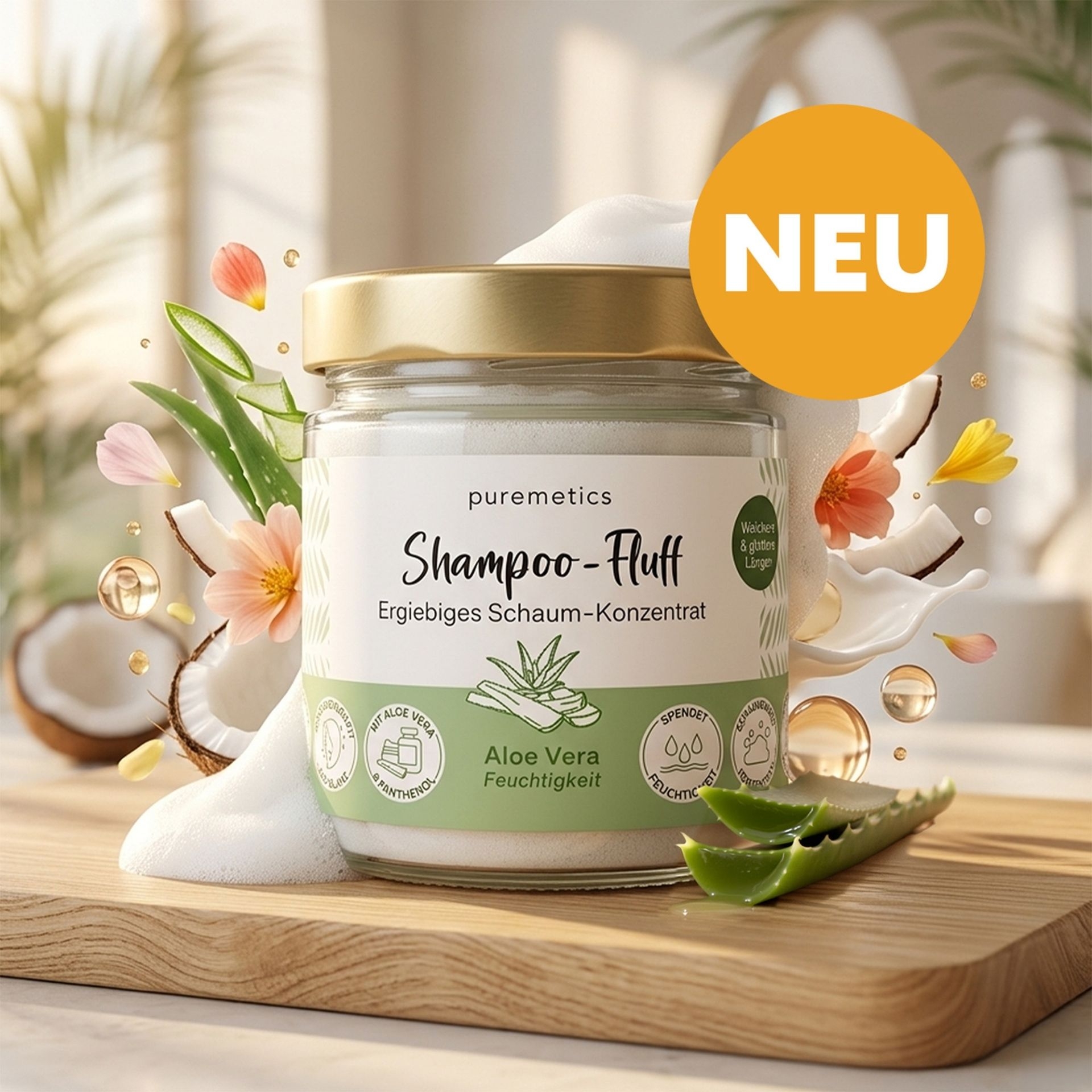 Puremetics Shampoo-Fluff Aloe Vera mit Schaum_ Aloe Vera und Hinweis auf Neuheit