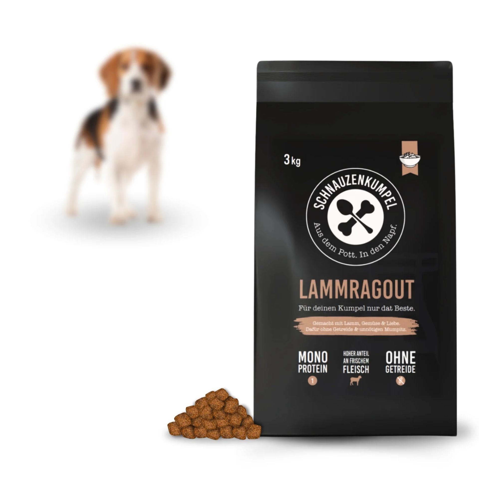 Verpackung des Schnauzenkumpel Lammragout 3 kg Trockenfutters fuer Hunde mit Monoprotein und getreidefreier Rezeptur