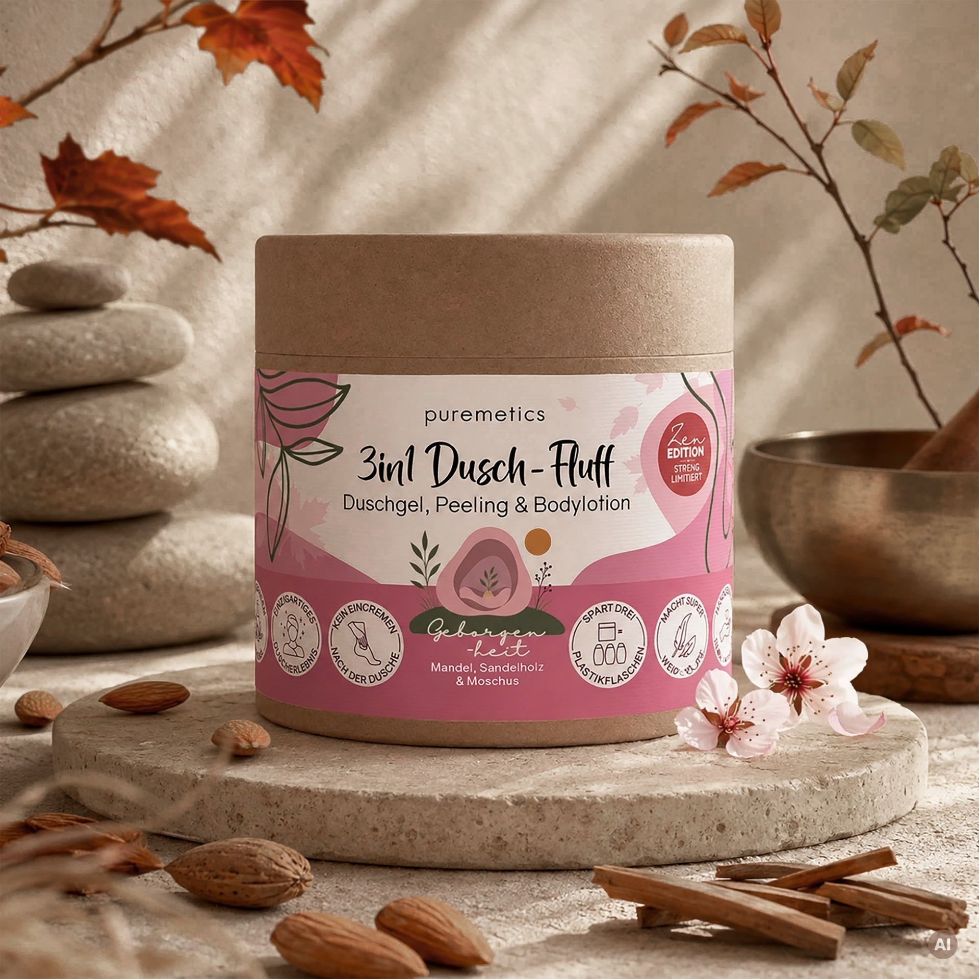 3in1 Dusch-Fluff Geborgenheit mit Mandel_ Sandelholz und Moschus in dekorativer Wellness-Szene