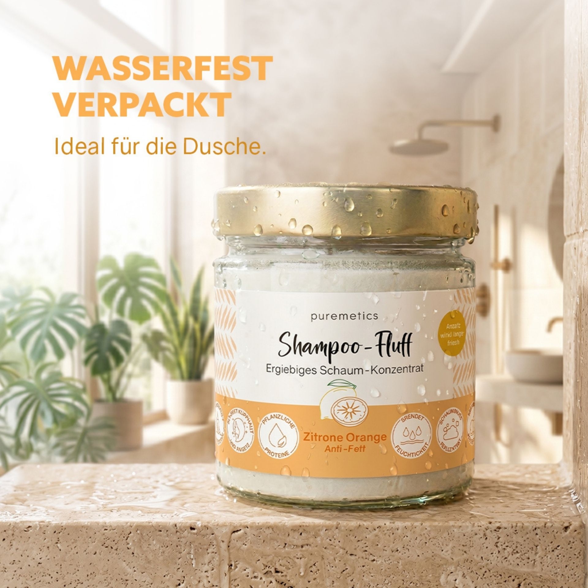 Wasserfest verpacktes Shampoo-Fluff im Glas ideal fuer Dusche und Badezimmer