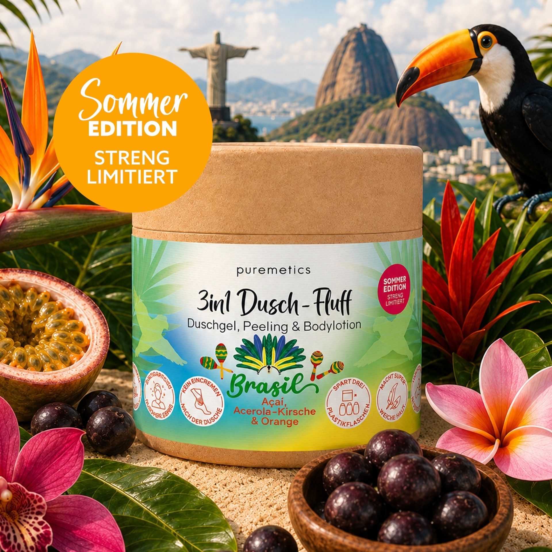 3in1 Dusch-Fluff Brasilien mit Acai_ Acerola-Kirsche und Orange als limitierte Sommeredition vor tropischer Kulisse