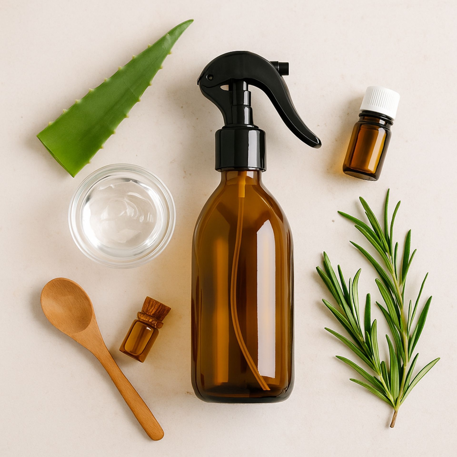 Braune 250ml Glasflasche mit schwarzem Mini-Trigger_ umgeben von Aloe_ Rosmarin_ Holzloeffel und kleinen Glasflaeschchen