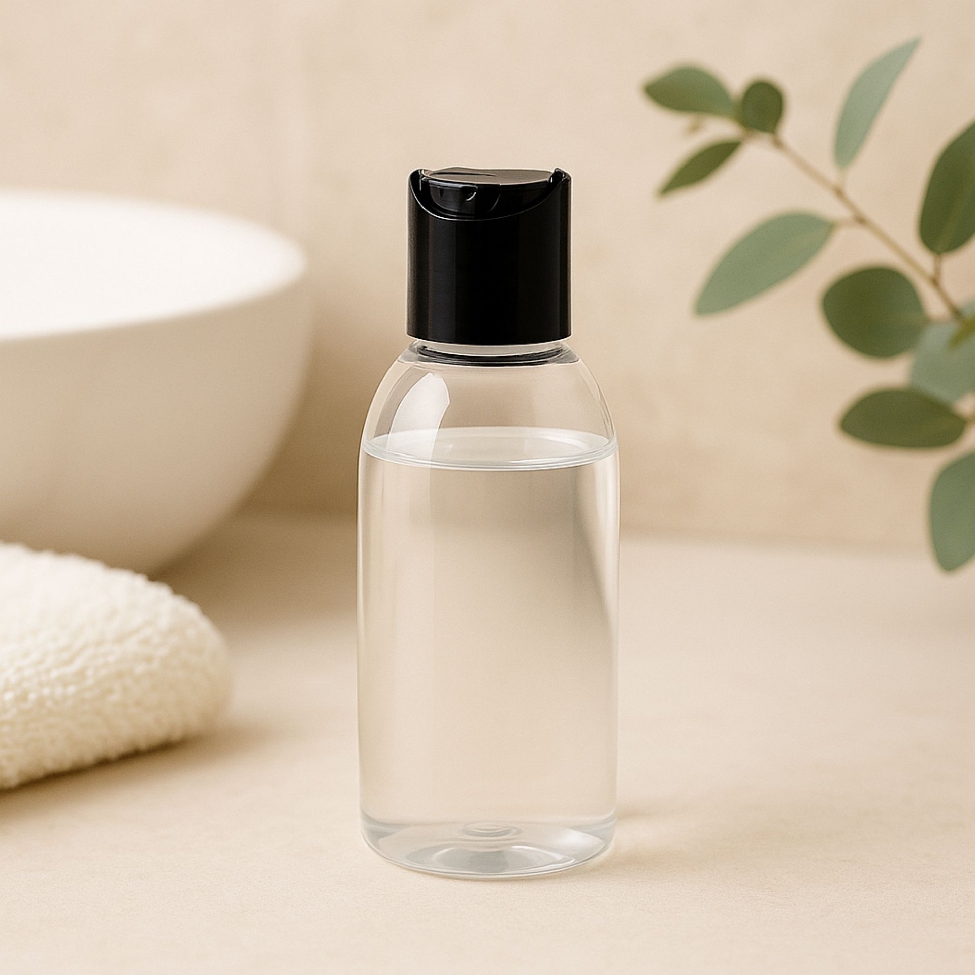 klare Disc-Top Flasche aus R-PET mit schwarzem Verschluss in Badezimmer-Szene