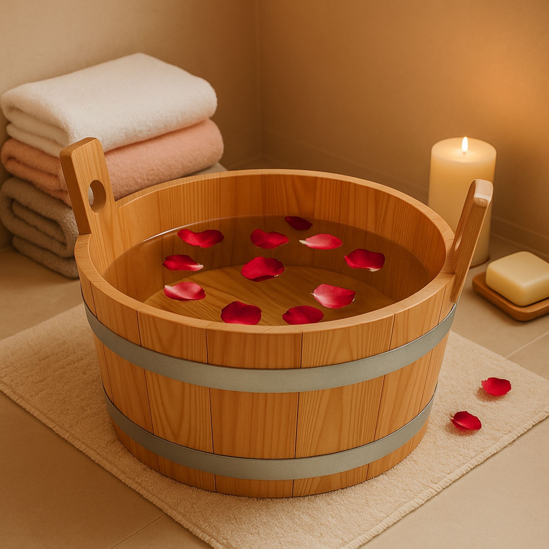 Fussbadewanne aus Laerchenholz mit Wasser und Rosenblaettern_ umgeben von Kerze und Handtuechern in entspannter Spa-Atmosphaere