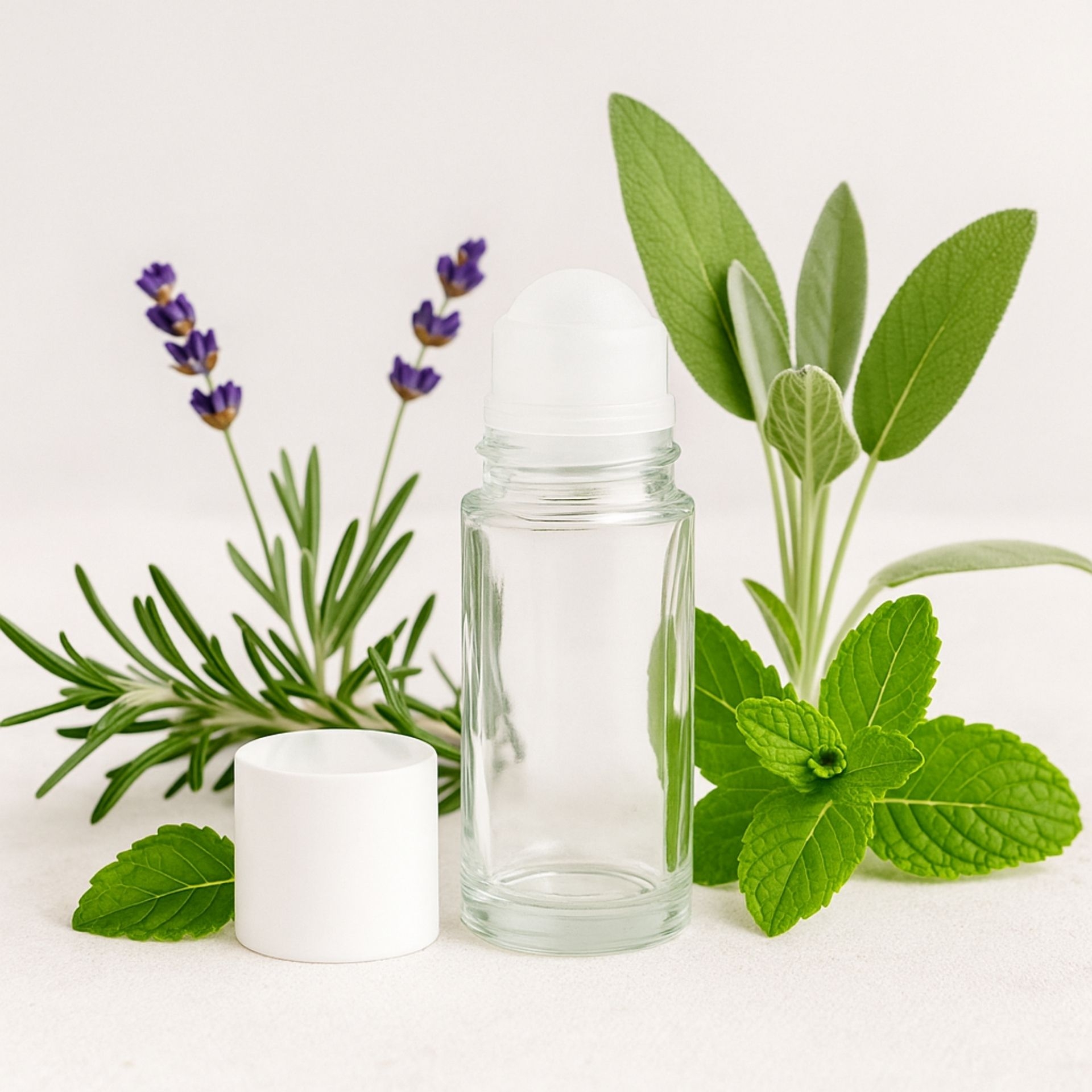 Leerer 50ml Deoroller aus Glas mit weissem Deckel_ umgeben von frischen Kraeutern wie Minze_ Salbei_ Lavendel und Rosmarin