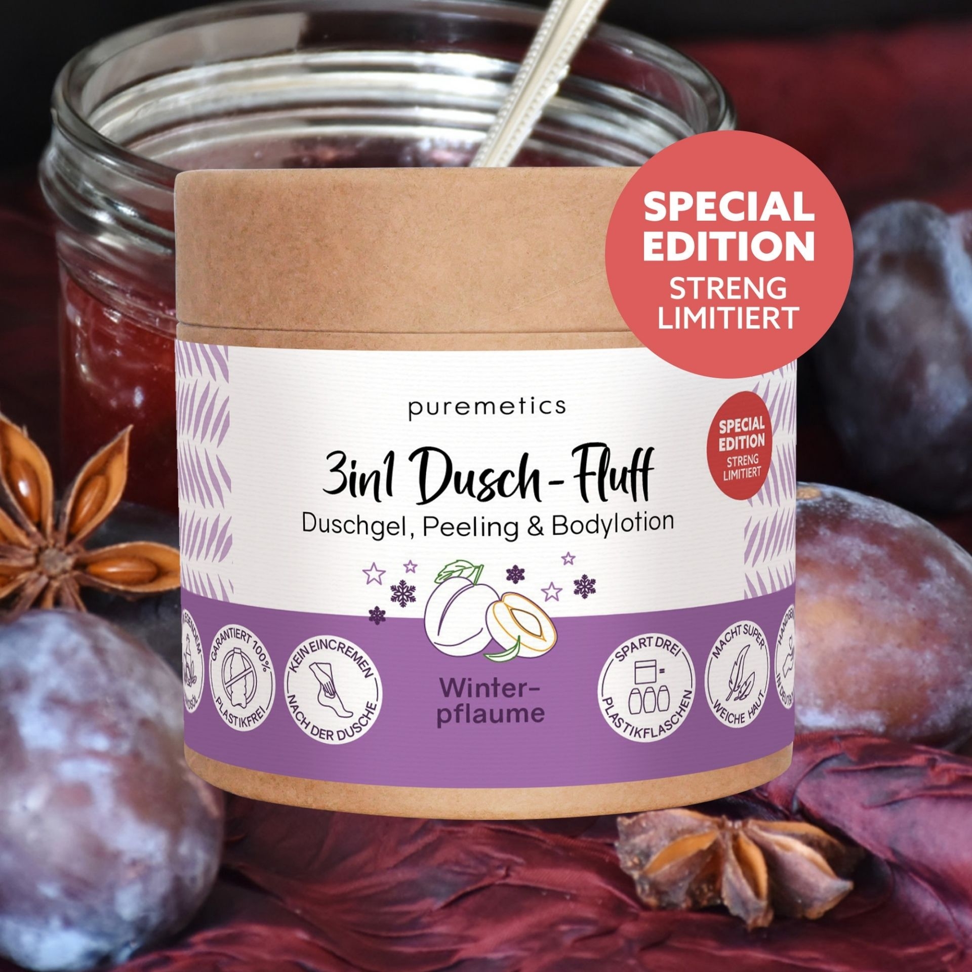 3in1 Dusch-Fluff Winterpflaume Special Edition von puremetics vor Pflaumen und Gewuerzen
