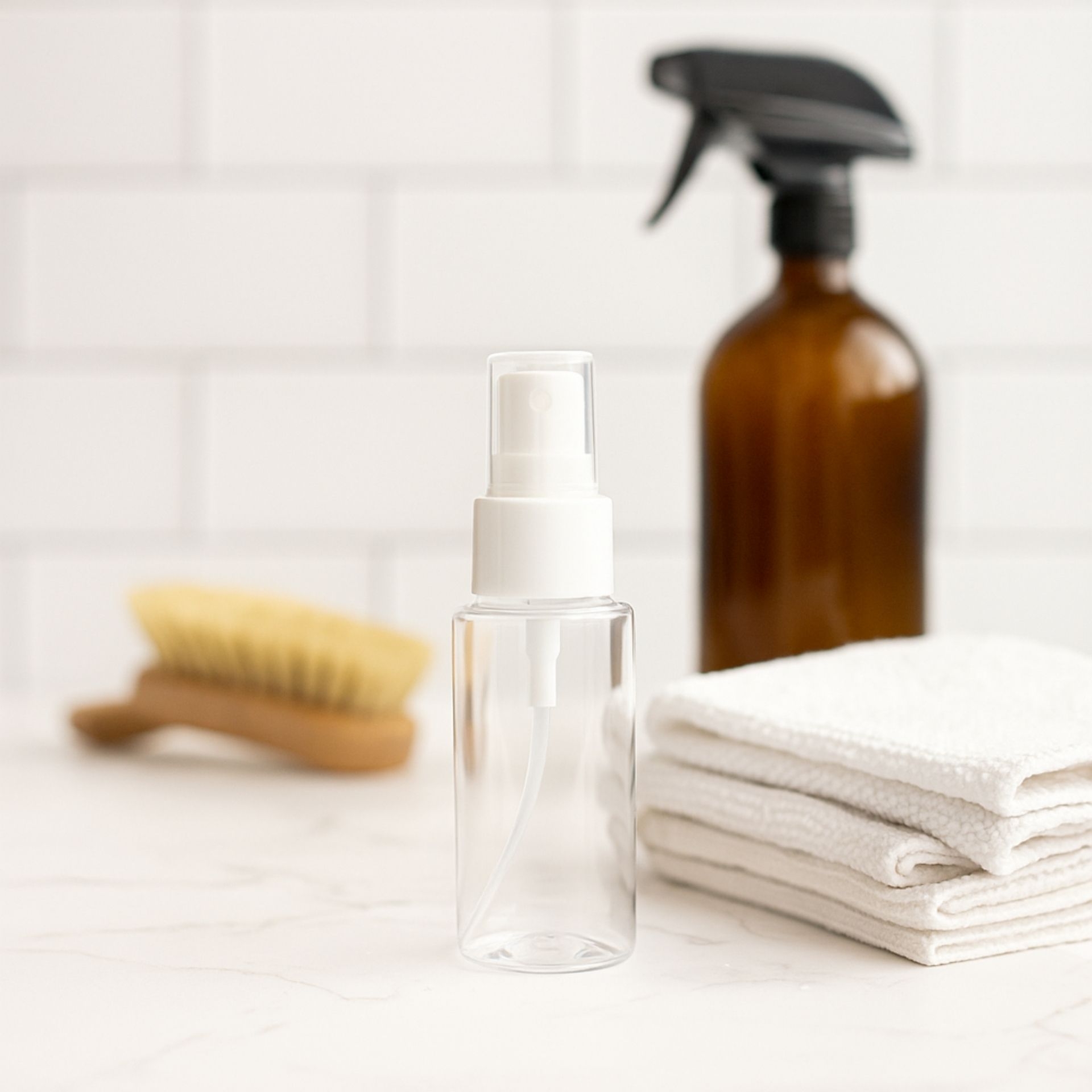 Transparente 50ml Sprayflasche mit weissem Spruehkopf_ daneben Putzutensilien wie Buerste_ Tuecher und braune Flasche
