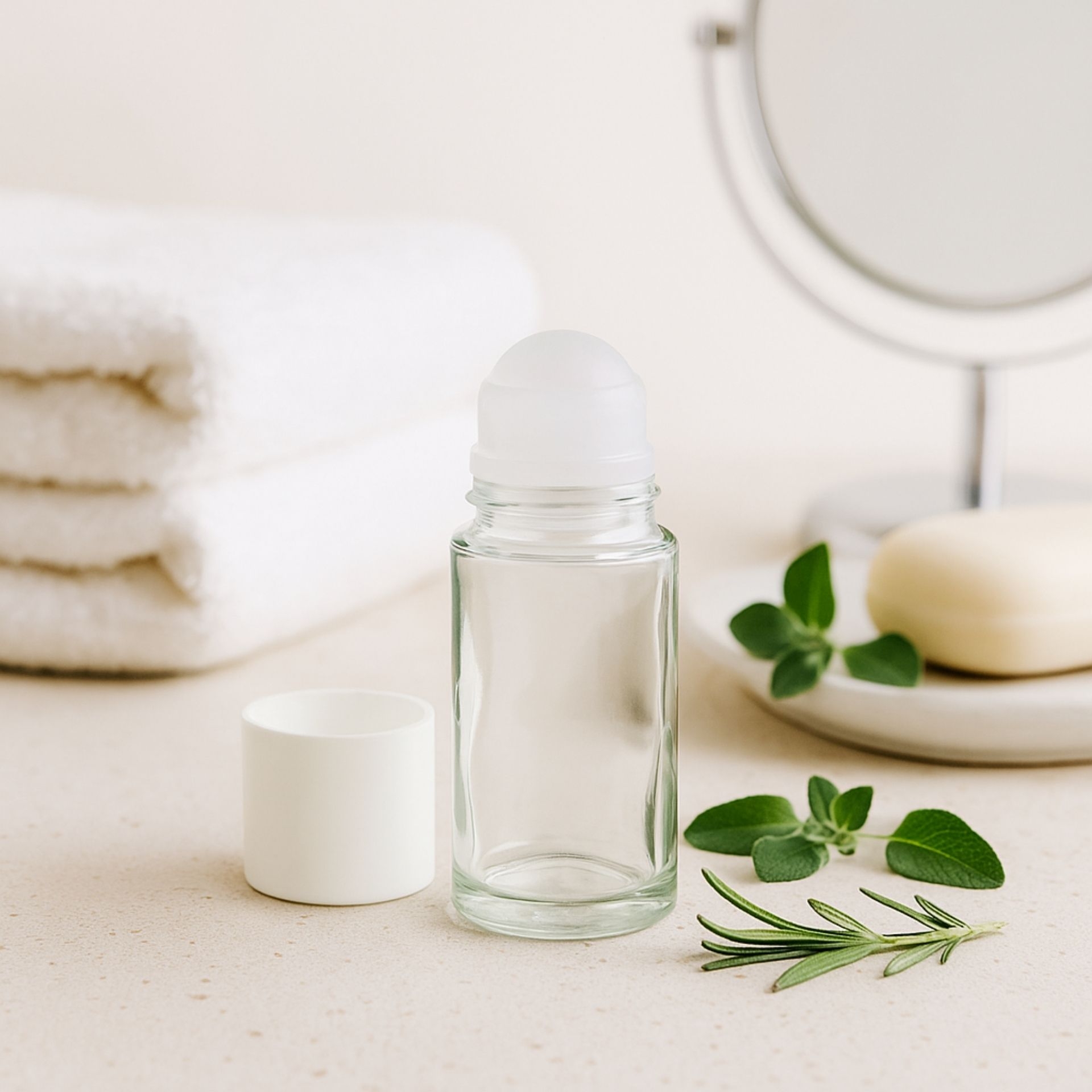 Glas-Deoroller 50ml mit weissem Deckel_ zum Selbstbefuellen. Platziert im Bad mit Handtuechern_ Seife und frischen Kraeutern