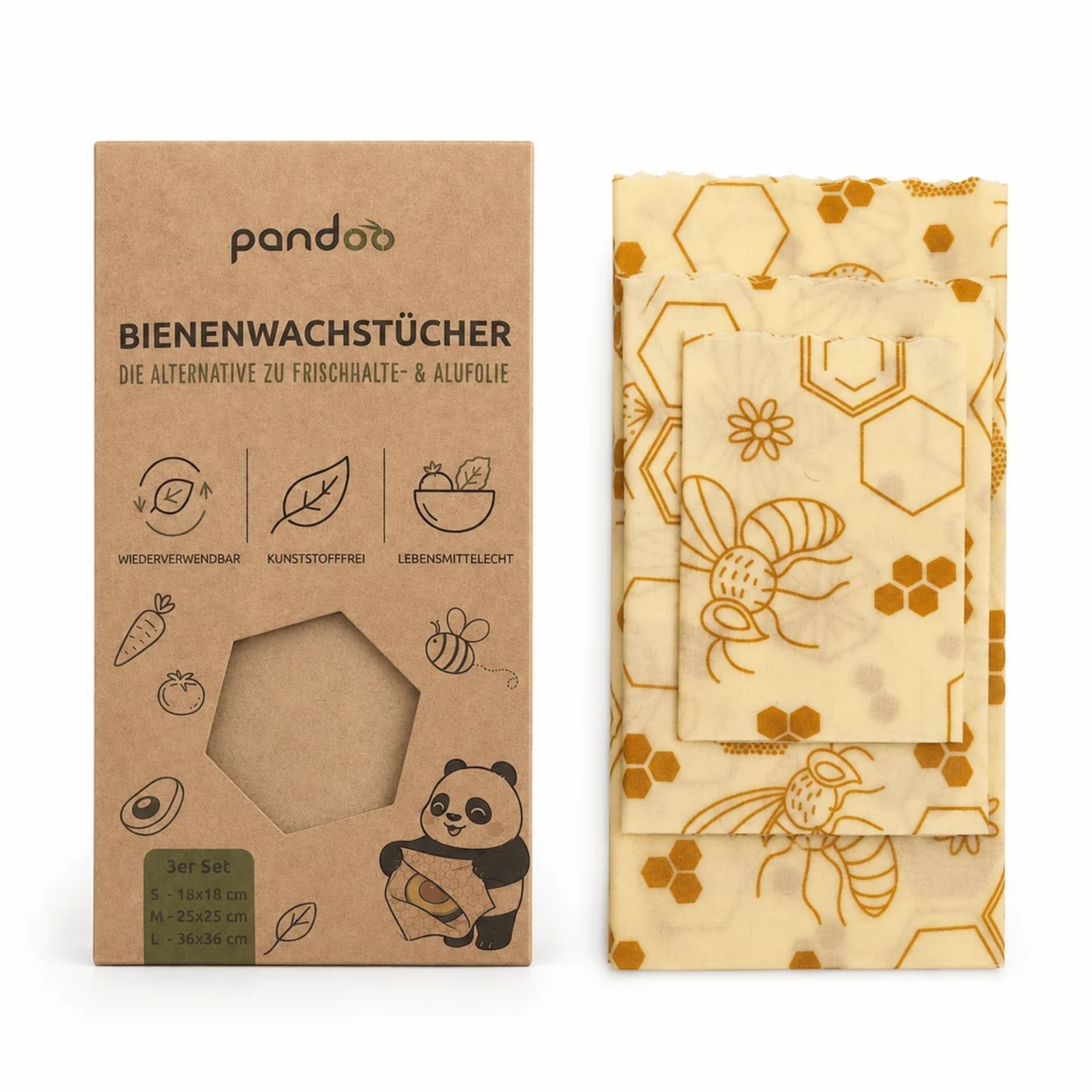 pandoo Bienenwachstuecher 3er Set mit Verpackung und drei gefalteten Tuechern
