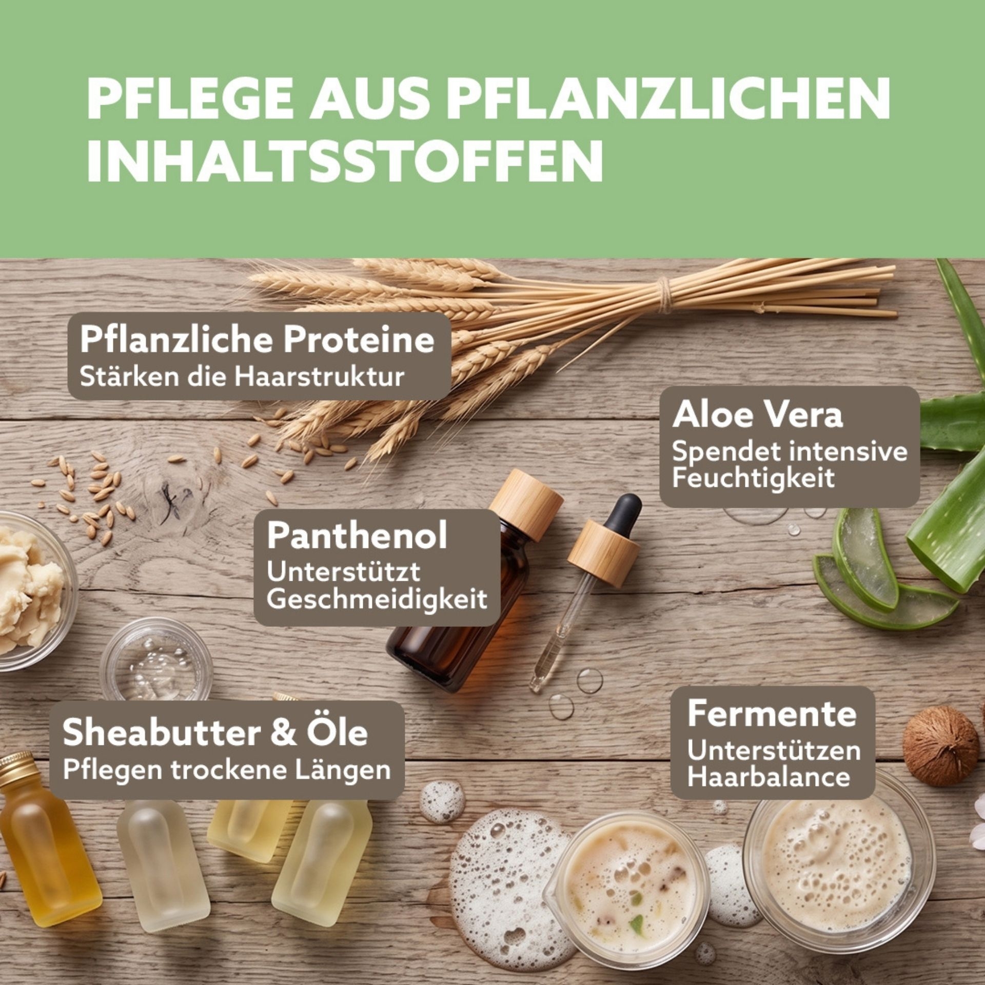 Pflegende Inhaltsstoffe wie Aloe Vera_ Panthenol_ Sheabutter und pflanzliche Proteine