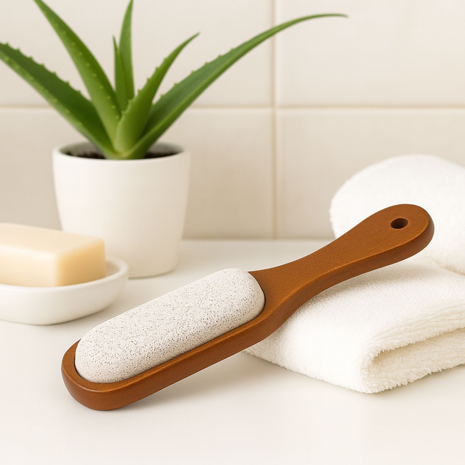 Bimssteinbuerste im Badezimmer neben Aloe Vera und Handtuch