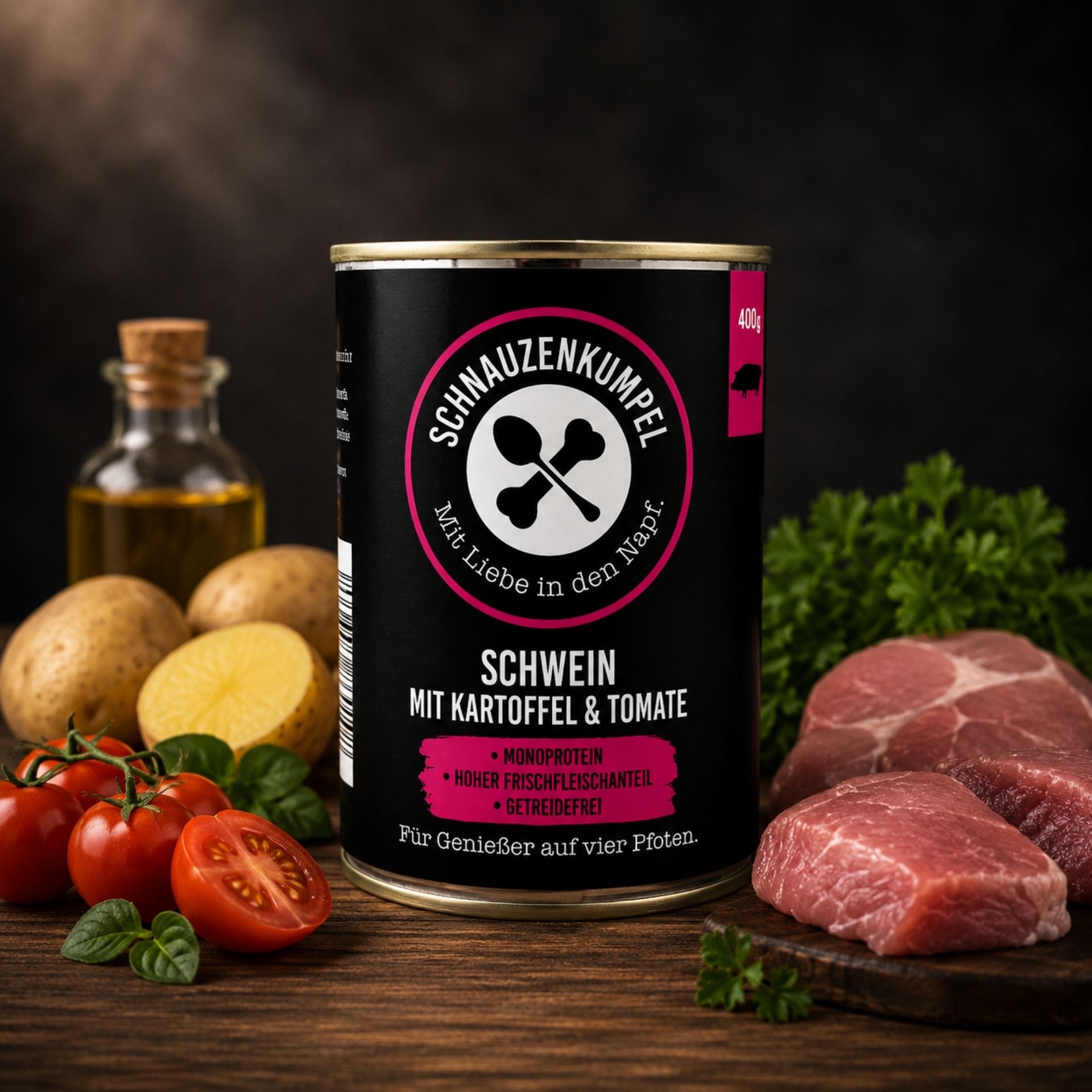 Produktdose Schnauzenkumpel Nassfutter Schwein mit Kartoffel _ Tomate_ umgeben von Schweinefleisch_ Kartoffeln und Tomaten