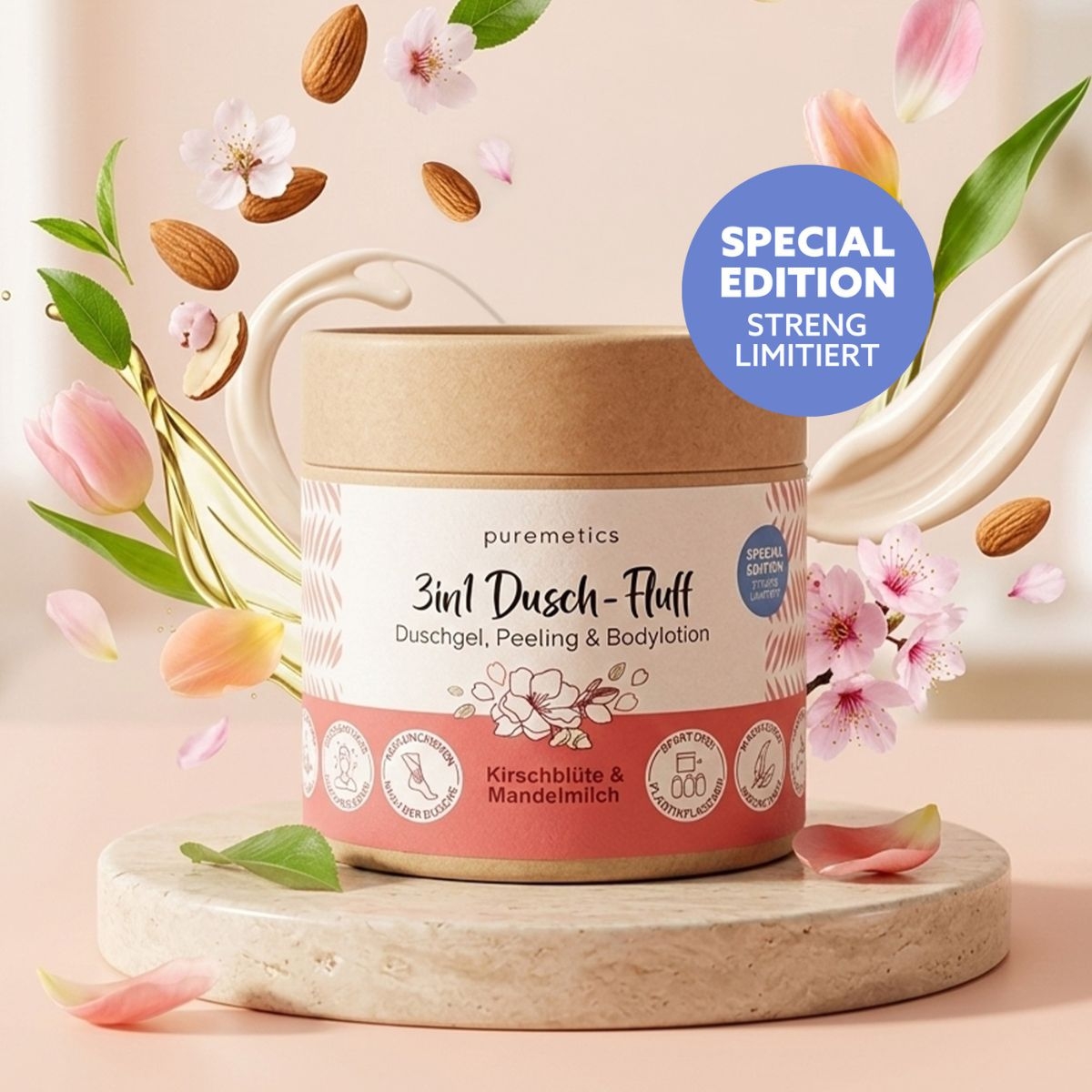 3in1 Dusch-Fluff Kirschbluete und Mandelmilch im Tiegel mit floralen Elementen und Special Edition Hinweis