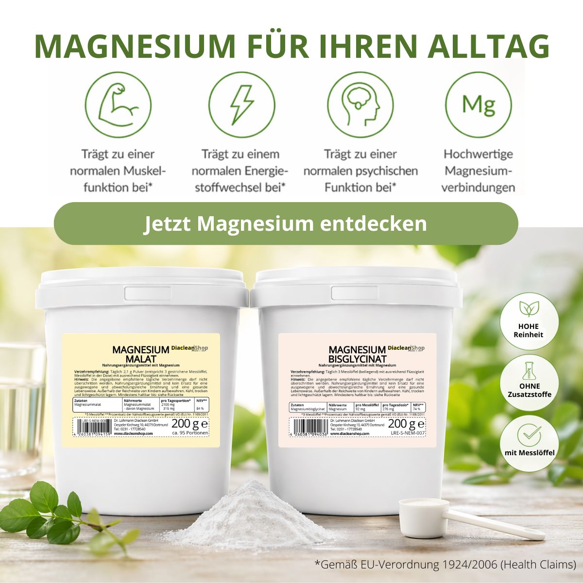 Zwei weiße Behälter mit Magnesiumpräparaten vor unscharfem Hintergrund, darunter eine kleine Menge weißes Pulver und ein Messlöffel, darüber Symbole und Text zu den Vorteilen von Magnesium