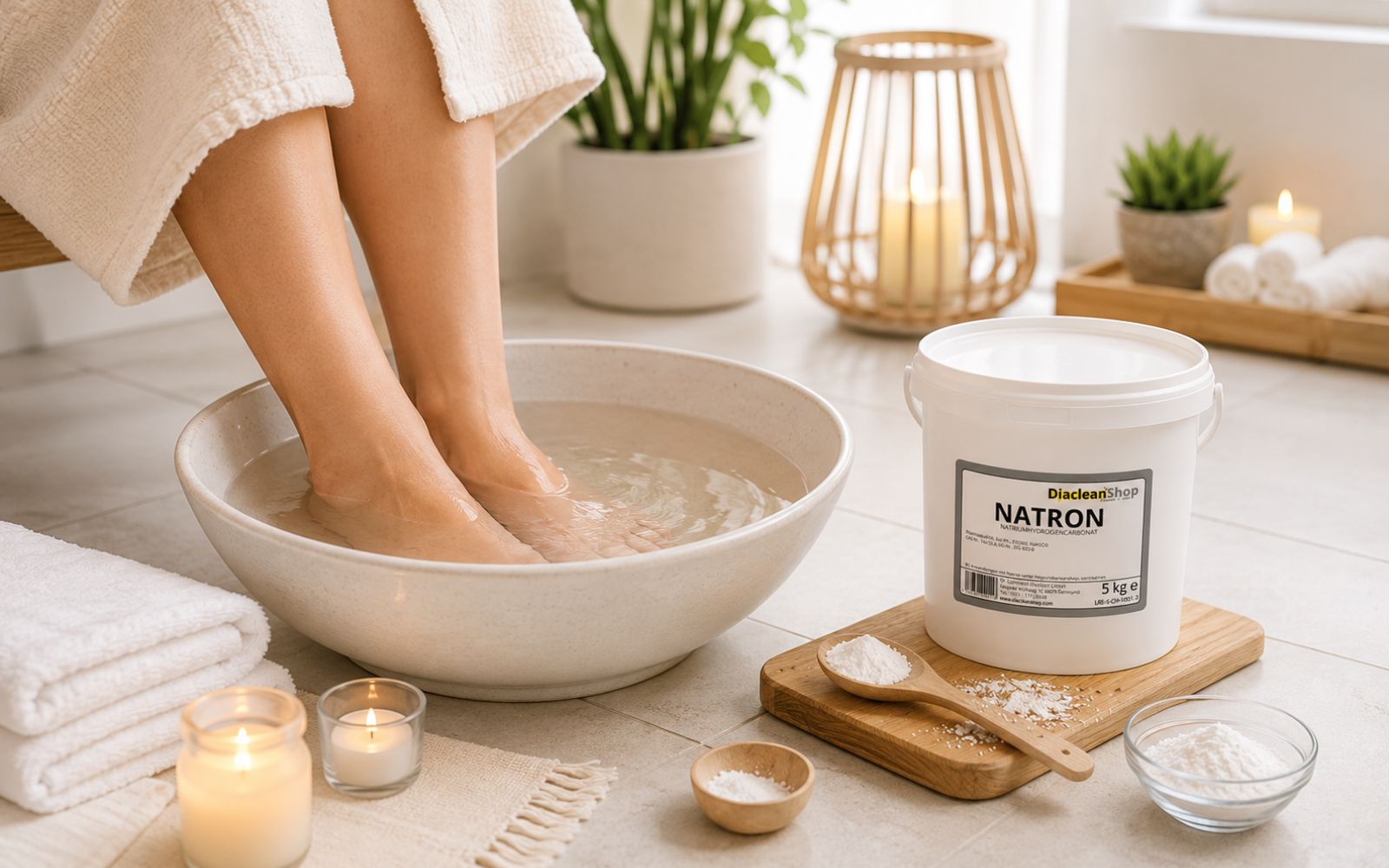 Fußbad mit Natron in heller Wellness Umgebung