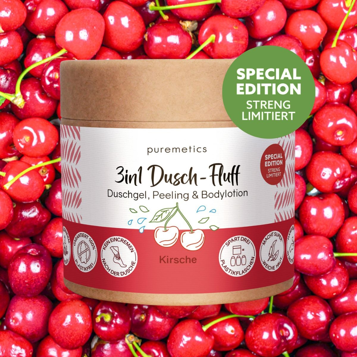 3in1 Dusch-Fluff Kirsche in Kartonverpackung vor Kirschhintergrund