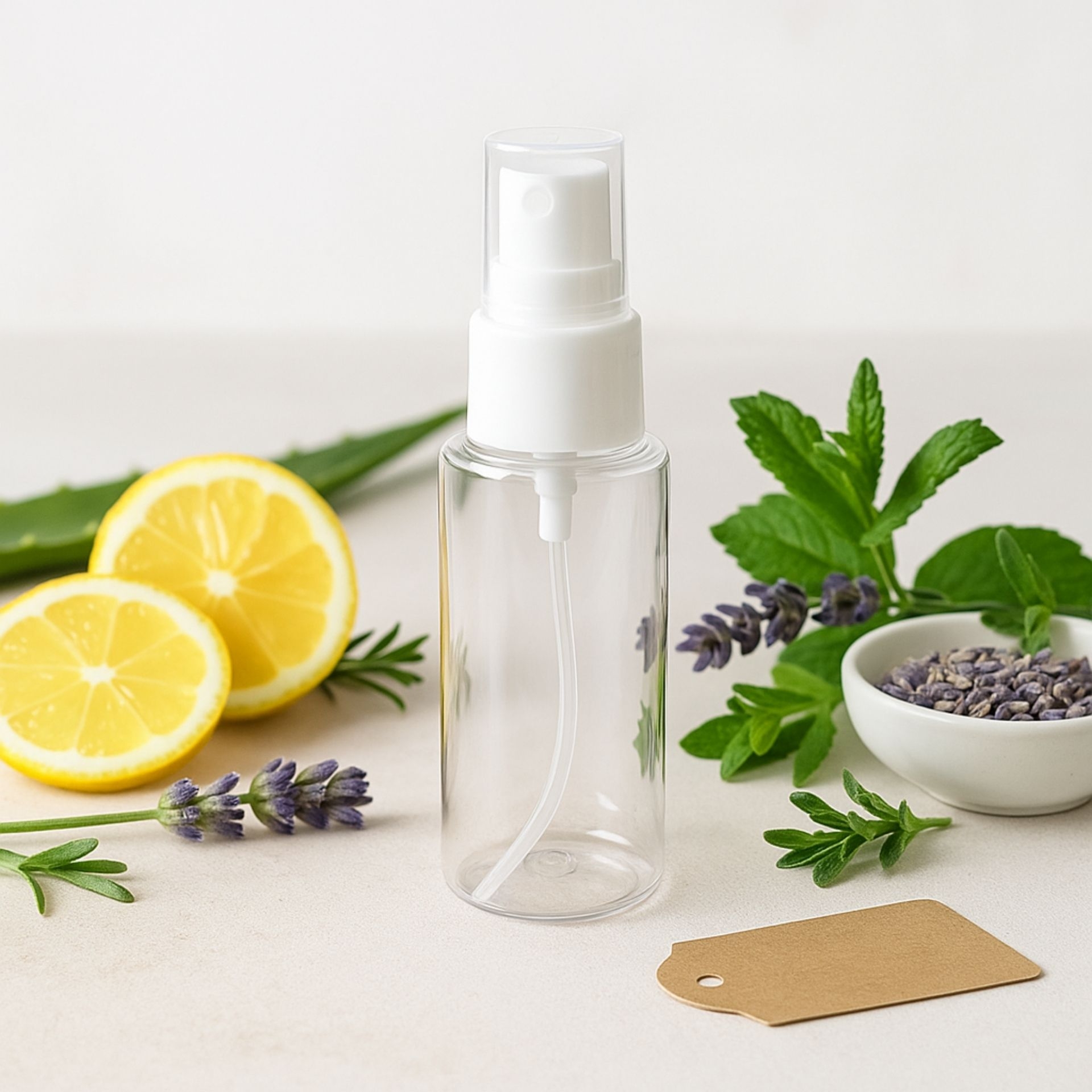 Transparente 50ml Sprayflasche mit weissem Spruehkopf_ umgeben von Zitrone_ Lavendel_ Aloe Vera und Kraeutern als DIY-Deko