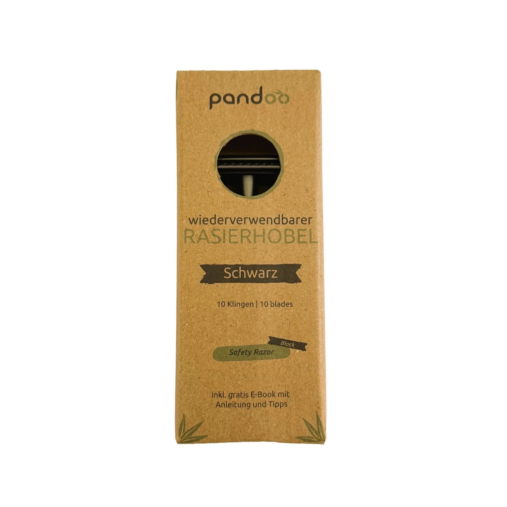 pandoo Rasierhobel Schwarz in brauner Produktverpackung mit rundem Sichtfenster