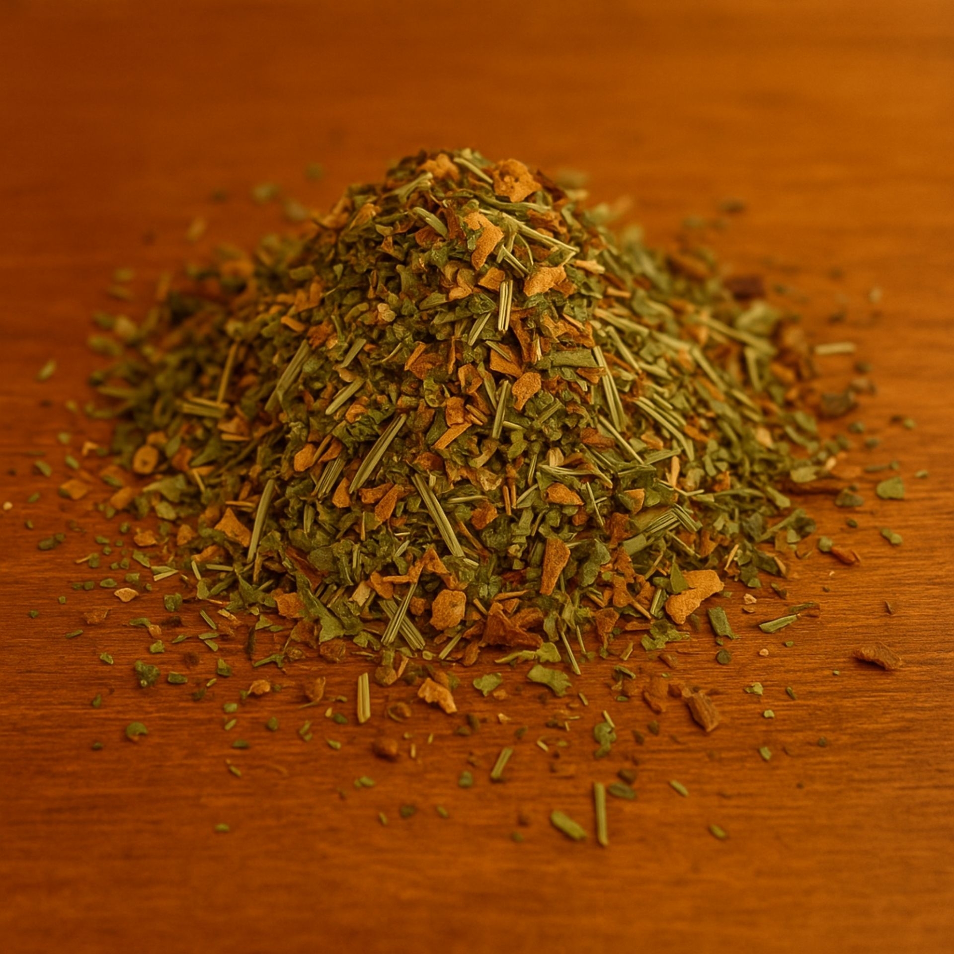 Lose Teemischung Ayurvedischer Gewuerz-Kraeutertee mit gruenen und braunen Kraeuterstuecken auf Holztisch
