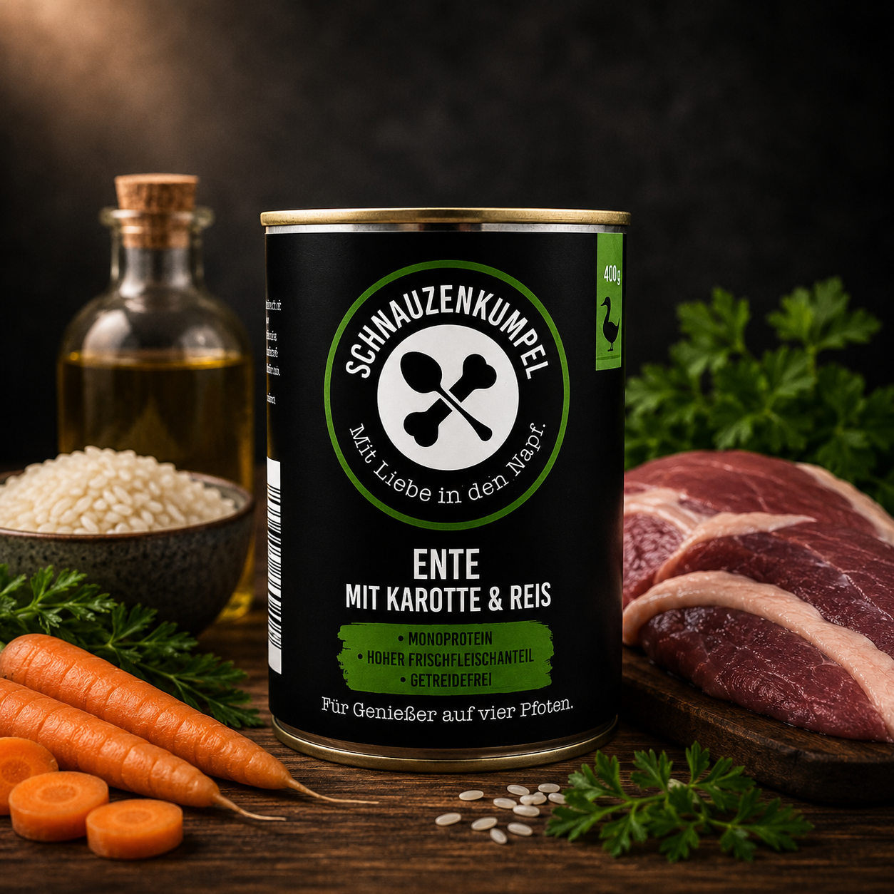 Produktdose Schnauzenkumpel Nassfutter Ente mit Karotte _ Reis_ umgeben von Entenfleisch_ Karotte und Reis