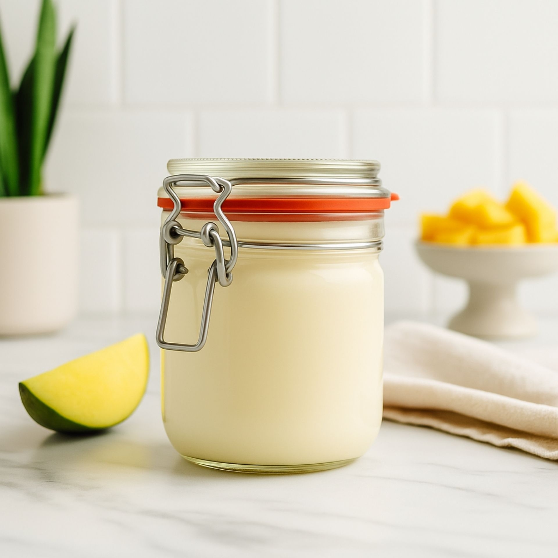 Bio-Mangobutter im Buegelglas auf Marmortisch mit frischen Mangostuecken im Hintergrund