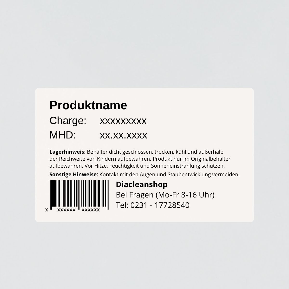 Rueckseite eines weissen Kunststoffeimers mit Produktetikett und Chargenangaben