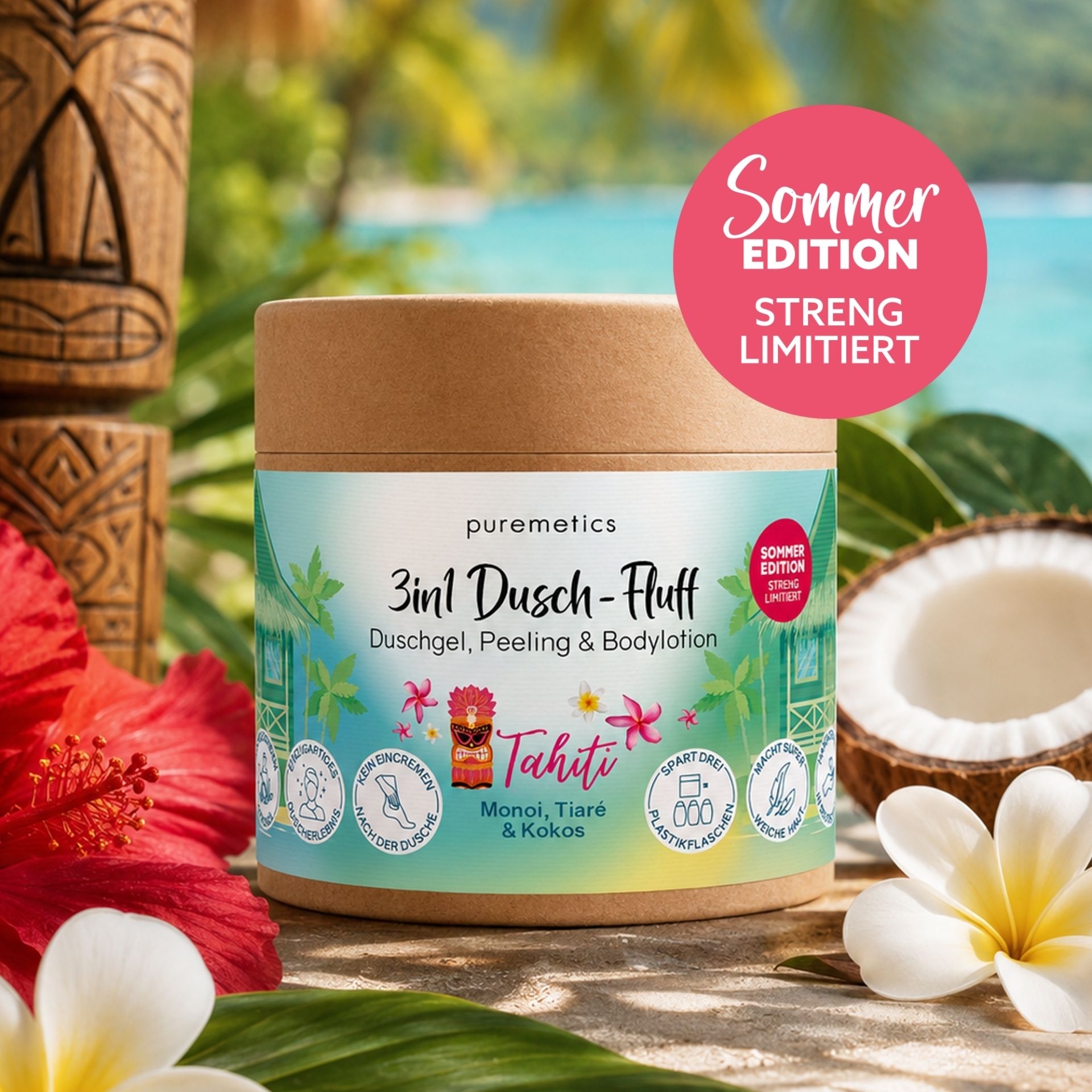 3in1 Dusch-Fluff Tahiti mit Monoi_ Tiaré und Kokos als limitierte Sommeredition vor tropischer Inselkulisse