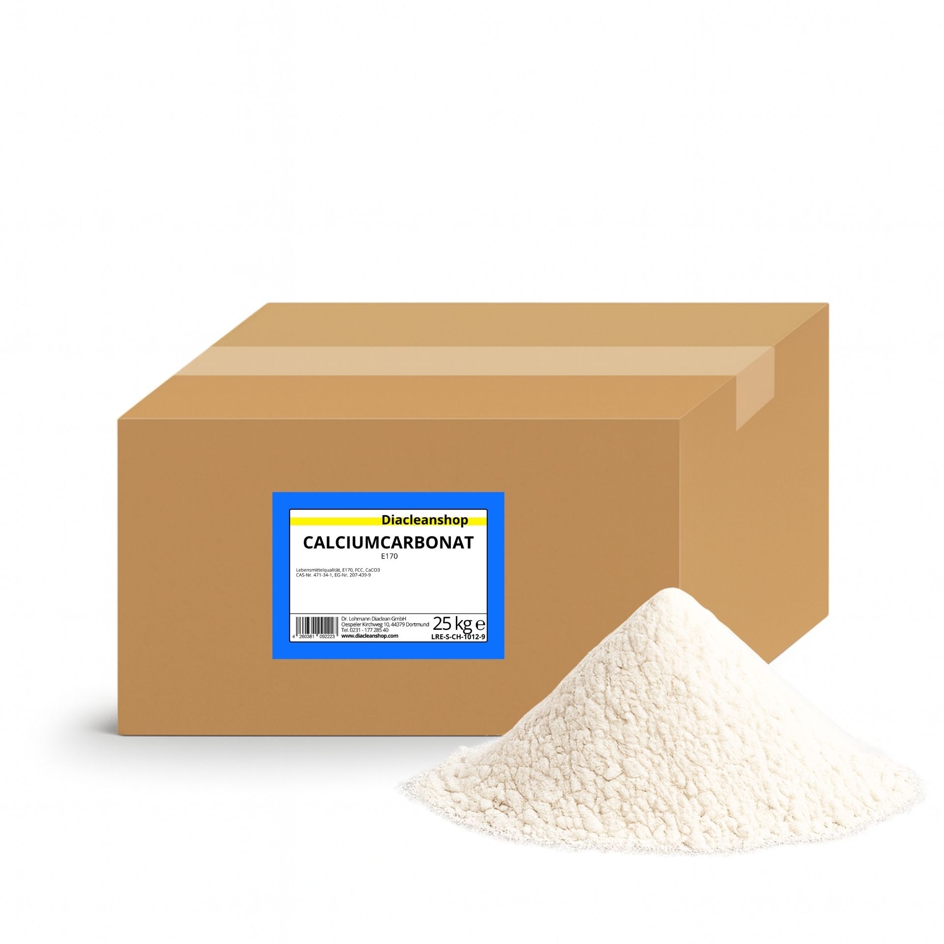Brauner Karton mit Etikett „Calciumcarbonat 25 kg“ vom Diacleanshop_ daneben ein beiger Pulverhaufen auf weissem Hintergrund