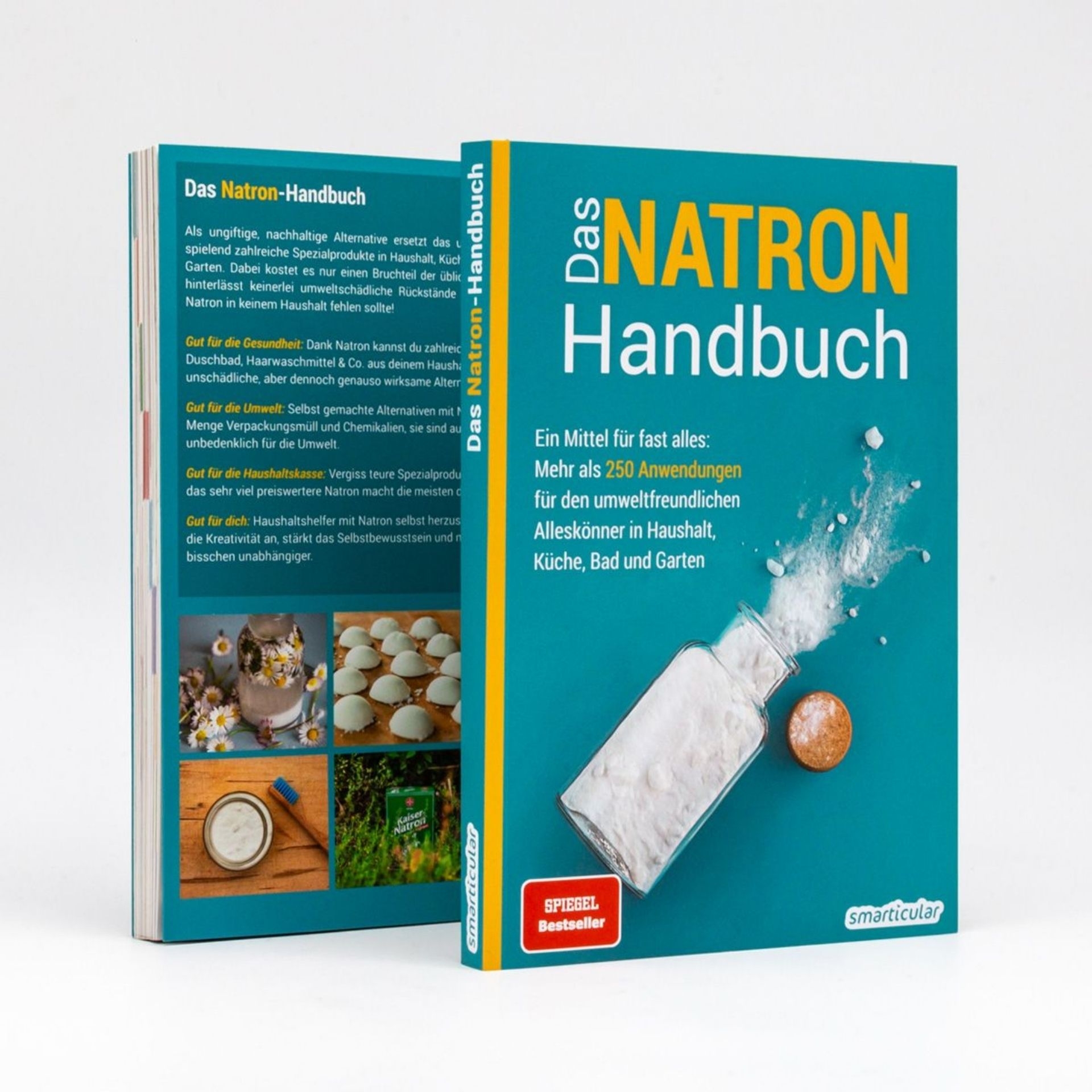 Das Natron-Handbuch von smarticular mit Vorder- und Rueckseite sowie Bildern verschiedener Natron-Anwendungen