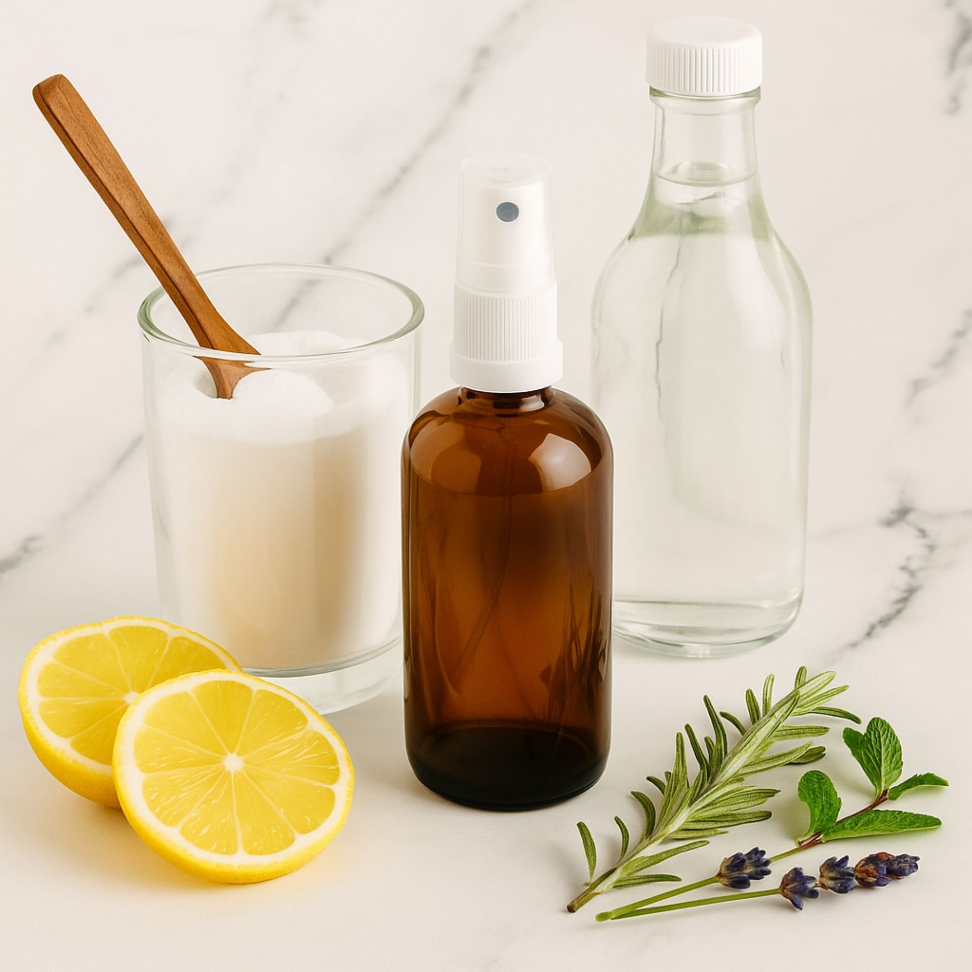 Braune Glasflasche mit Zerstaeuber 100ml_ umgeben von Zitrone_ Kraeutern_ Pulver und Glasflasche – ideal fuer DIY-Rezepte