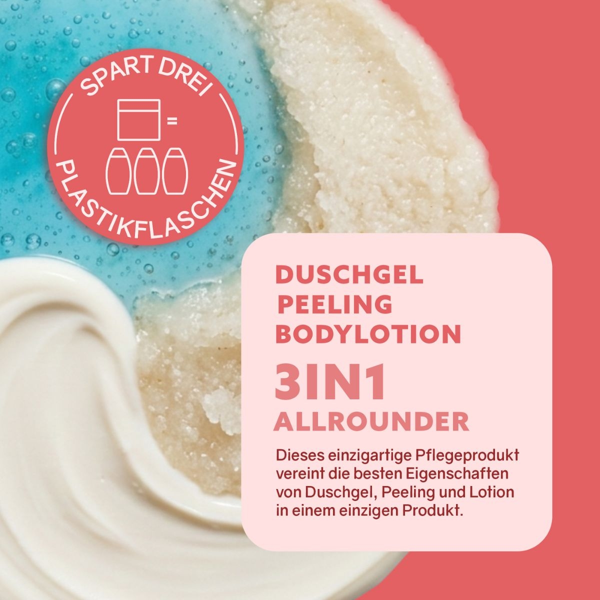 3in1 Pflegeprodukt kombiniert Duschgel_ Peeling und Bodylotion in einem