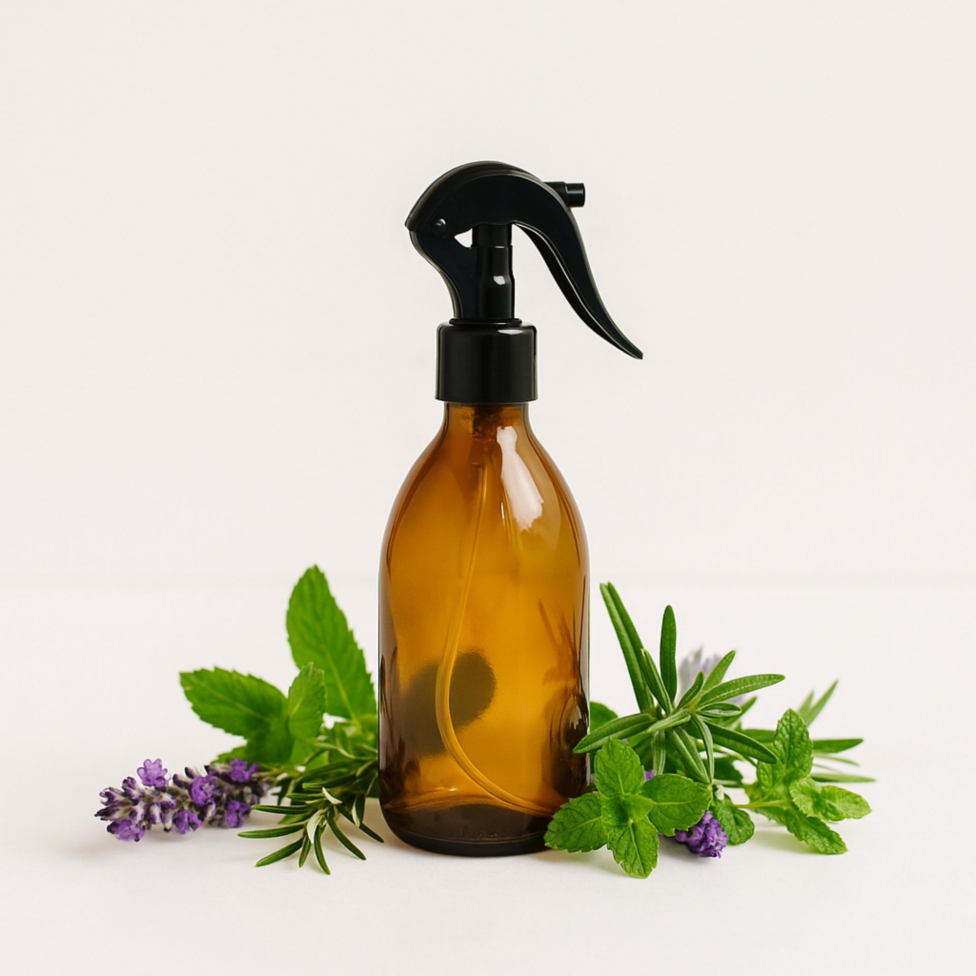 Braune 250ml Glasflasche mit schwarzem Mini-Trigger-Spruehkopf_ dekoriert mit frischen Kraeutern und Lavendel