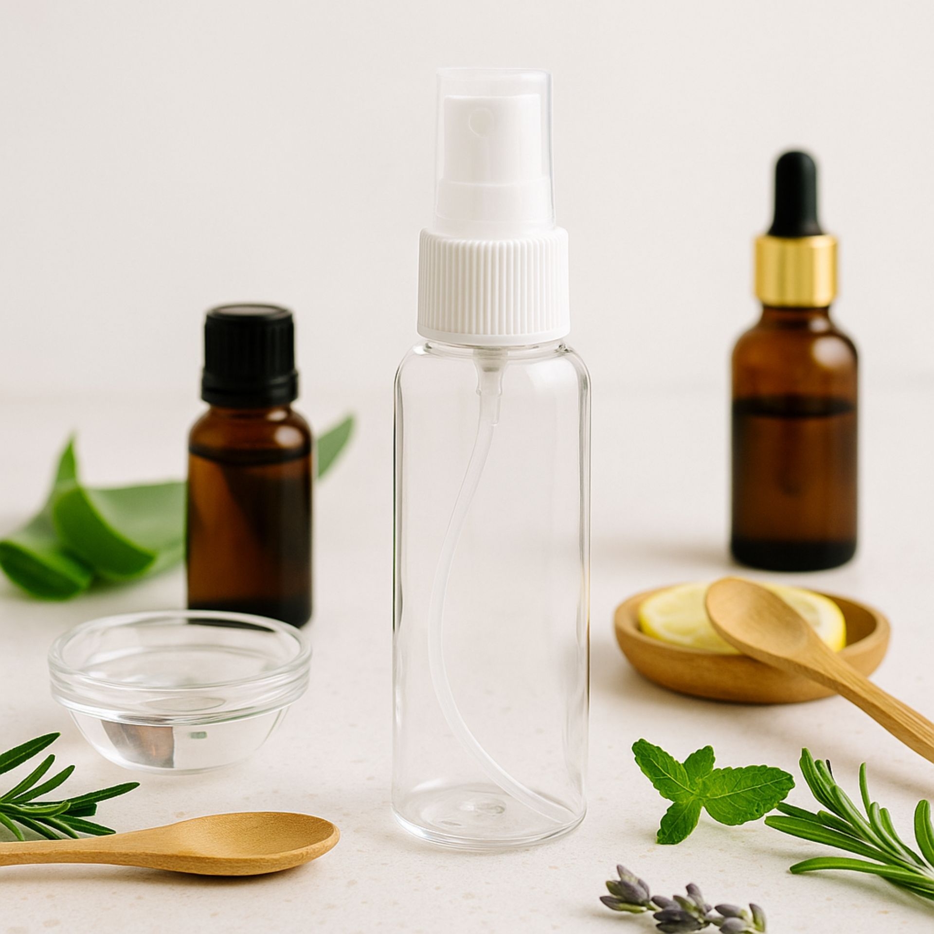 Transparente 100ml PET-Sprayflasche mit weissem Spruehkopf_ umgeben von Kraeutern und DIY-Zutaten auf hellem Untergrund
