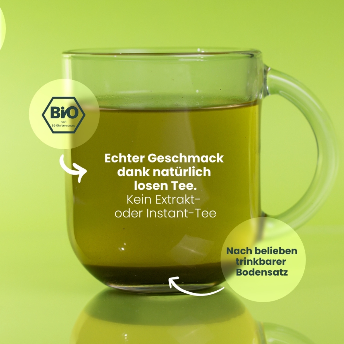 Glas mit aufgebruehtem Teablobs Bio Green Mango Gruentee und erklaerendem Text