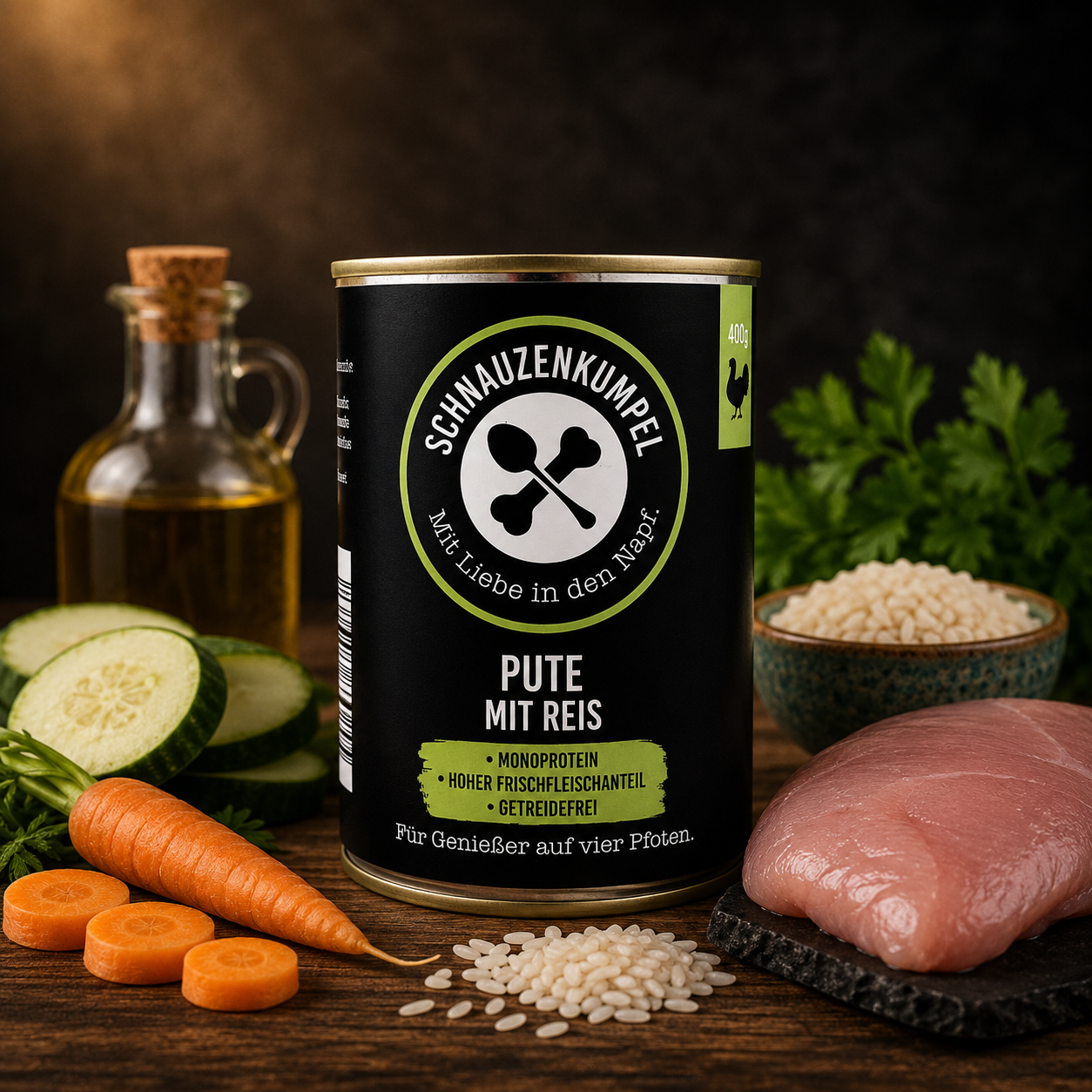Produktdose Schnauzenkumpel Nassfutter Pute mit Reis_ umgeben von Putenfleisch und Reis