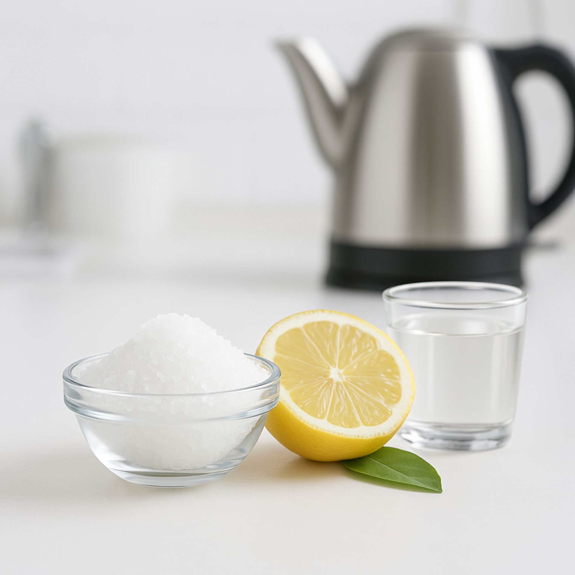 Schale mit Zitronensäure, halbe Zitrone und Glas mit Essig vor einem Wasserkocher zur Darstellung von Entkalkungsmitteln