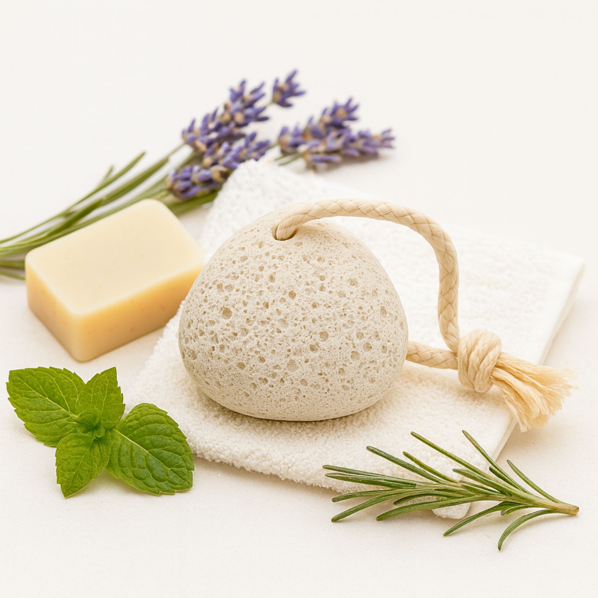 Weisser Bimsstein aus Naturlava mit Seife_ Minze und Lavendel