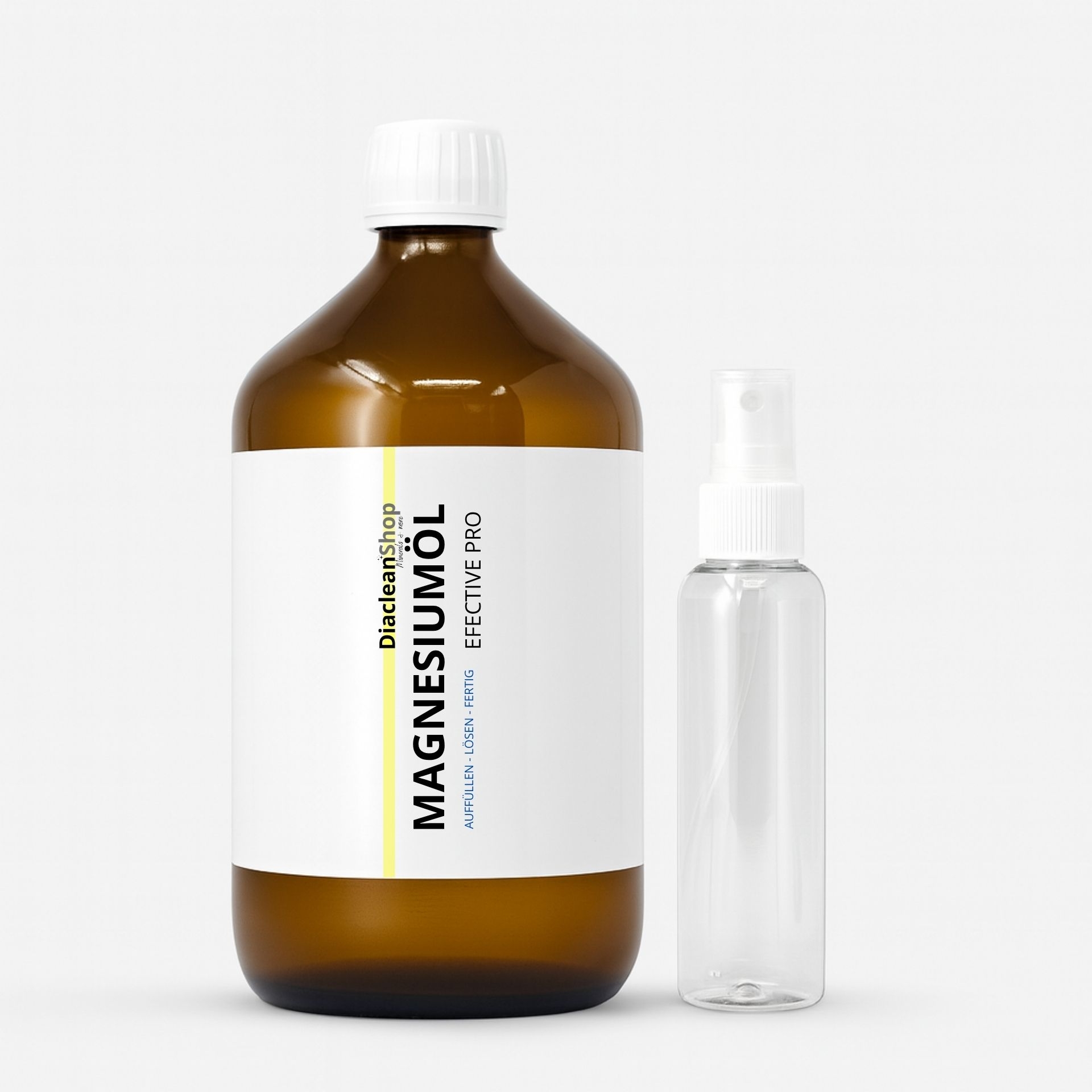 Magnesiumoel Effective Pro 1000ml mit transparenter Spruehflasche auf weissem Hintergrund